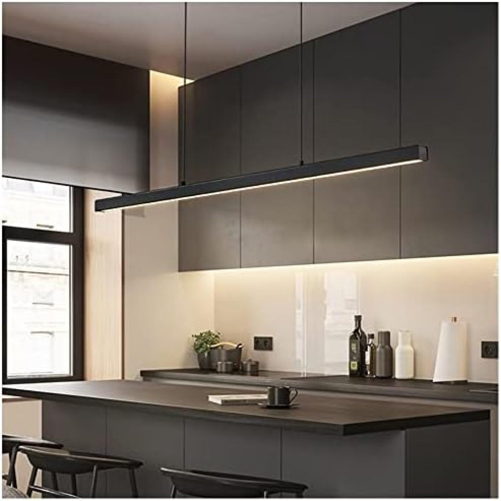 Modern LED Pendant Light Black Linear Chandelier Dimmable Island Pendant Lights With Remote Control Minimalist Ceiling Hanging Lamp 3 CCT Adjustable Brightnessm, For Kitchen Dining Room,150cm,Conc