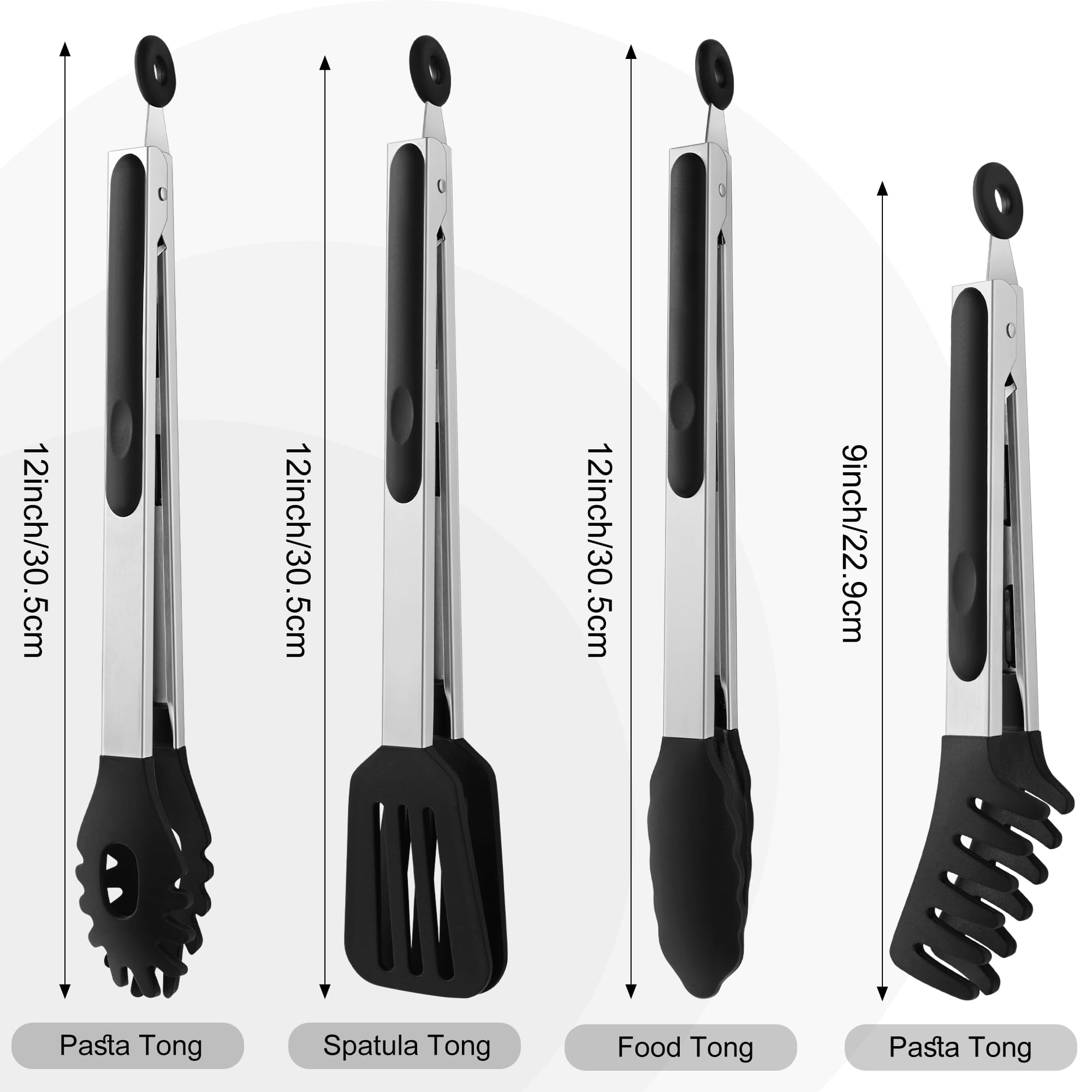 4 PCS Kitchen Tongs with Silicone Tips, 9 & 12-Inch Heat Resistant Silicone Tongs for Cooking Stainless Steel Spaghetti Tong Pasta Tong for Serving Food, Spaghetti, Pasta, BBQ, Salad (4PCS)