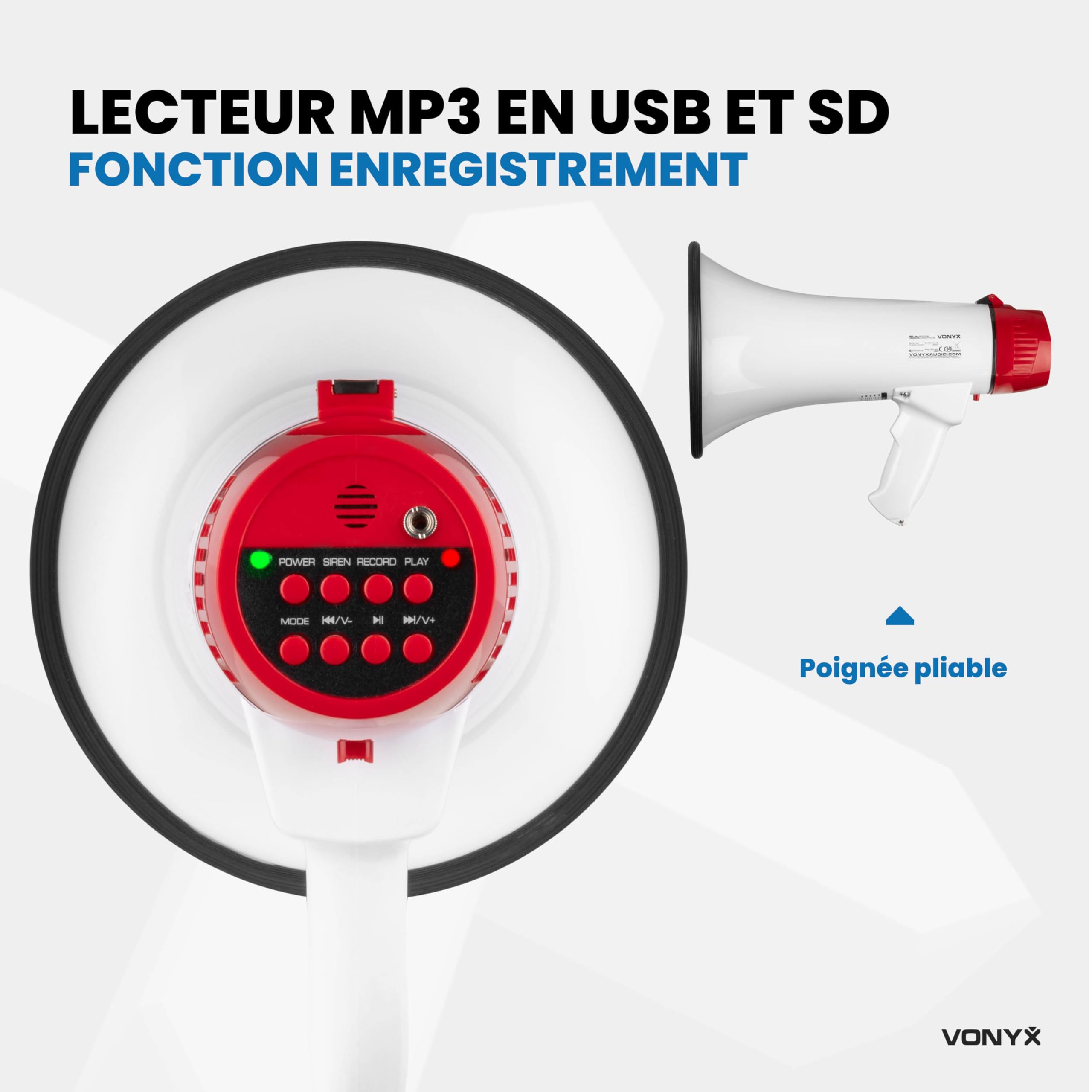 VONYX MEG045 Mégaphone 45W avec Batterie MB60, Idéal pour Manifestations et Matchs Sportifs - Jusqu’à 1 km, Micro Main Détachable, Bluetooth & Lecteur MP3, Dragonne, Réglage du Volume