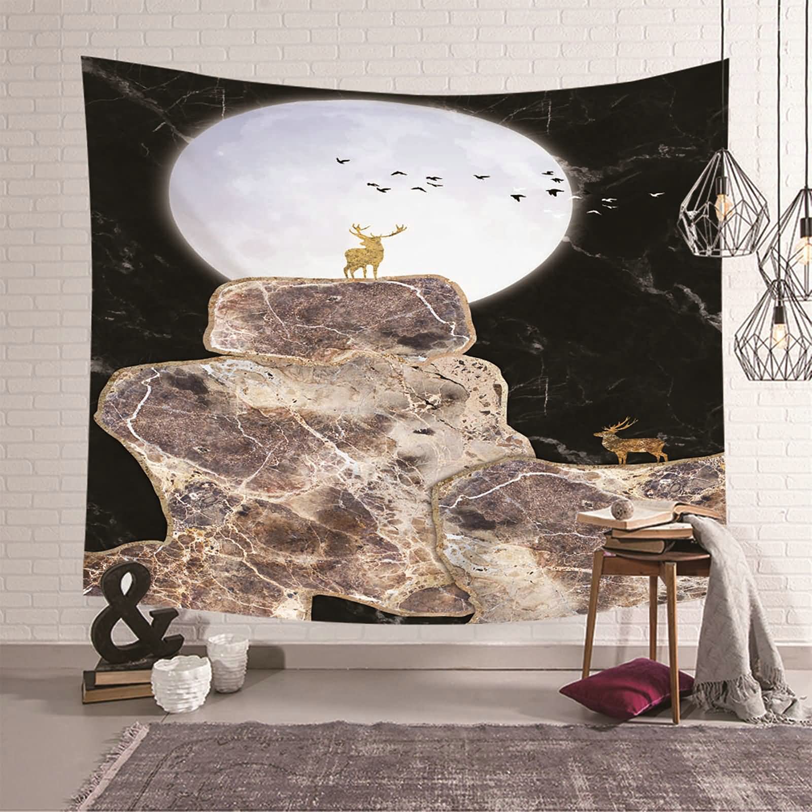 Tapiz de pared para salón con diseño de alces y luna en poliéster marrón y negro de 150x130 cm