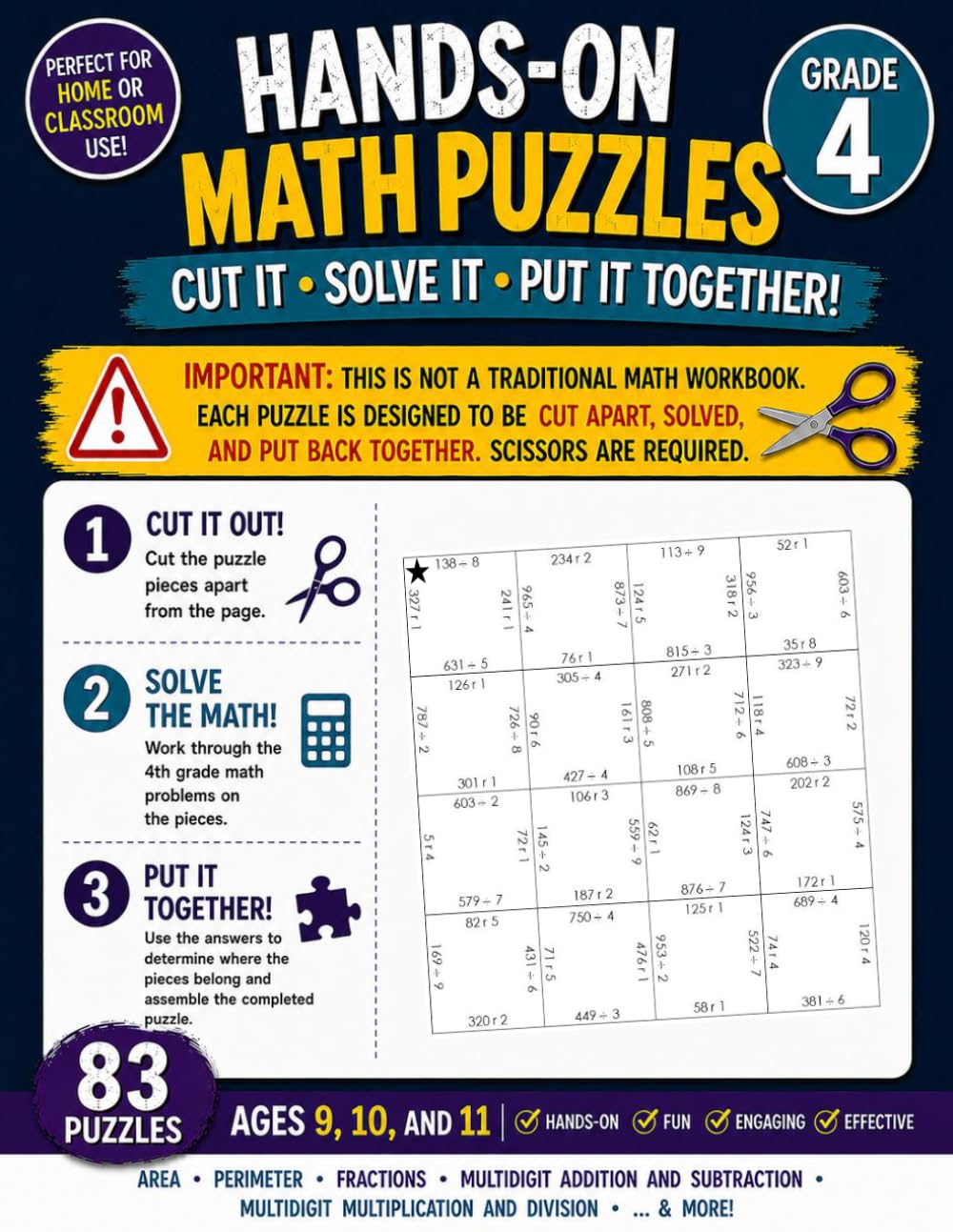 4th Grade Math Puzzles: Ages 9, 10, and 11: Area, Perimeter, Fractions, Multidigit Addition and Subtraction, Multidigit...