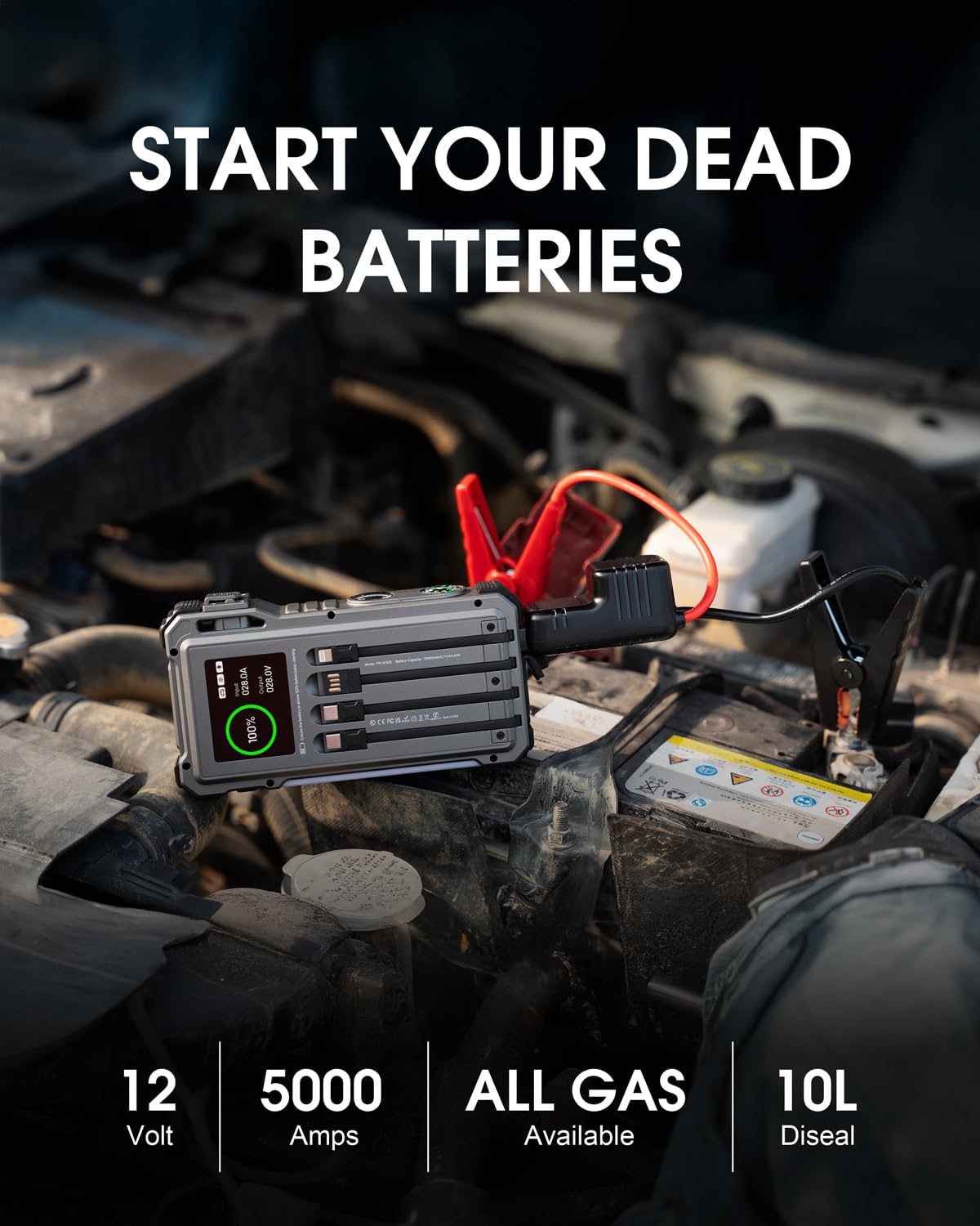 Solar Jump Starter 5000A Peak 12V Car Battery Jump Starter for Up to 10 0L Gas 6 0L — view 2