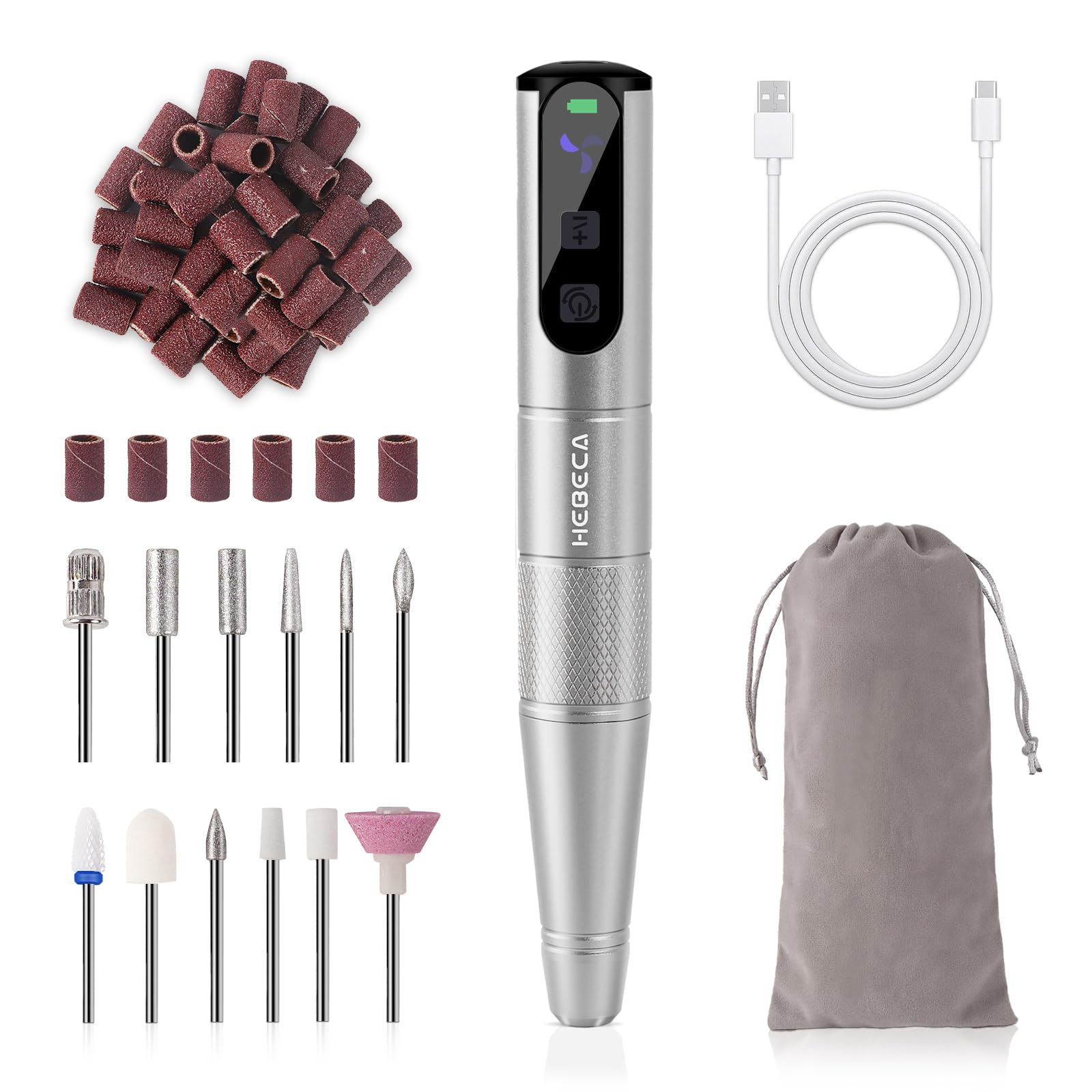 HEBECA Cordless Electric Nail Drill Machine, Professional Electric Nail File with LED Display