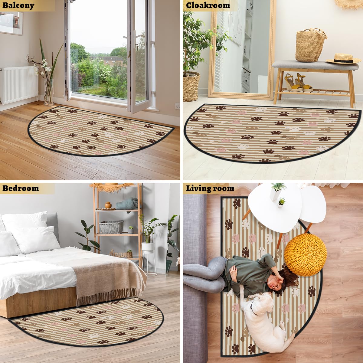 Mexpekil Paillasson demi-rond antidérapant lavable avec motif pattes de chien - Demi lune - Tapis de sol absorbant et anti-saleté - Motif à rayures - 100 x 160 cm