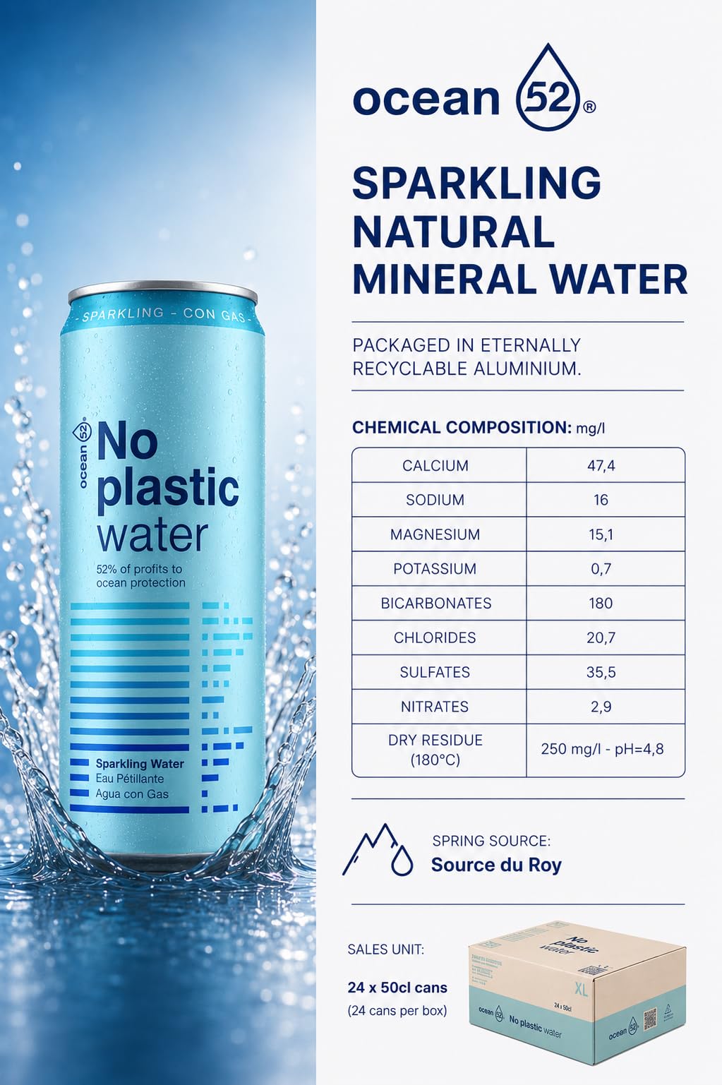 Agua con gas en lata No Plastic Water de Ocean52. Agua Mineral con gas - Pack 24 unidades x 33cl. Agua con gas en pack de 24 latas de 33cl. Agua mineral con gas en lata.