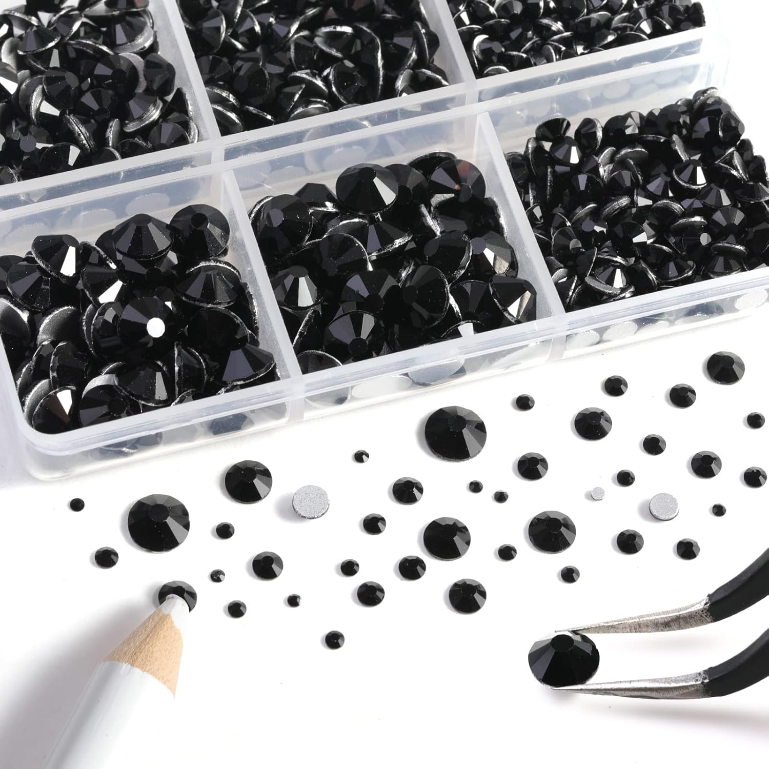 Beadsland 8300PCS Flatback Rhinestones, Black Rhinestone Round Crystal Rhinestones for Crafts, Mixed 10 Sizes with Wax Pencil and Tweezer Kit, SS3-SS30, Jet Black - Image 2