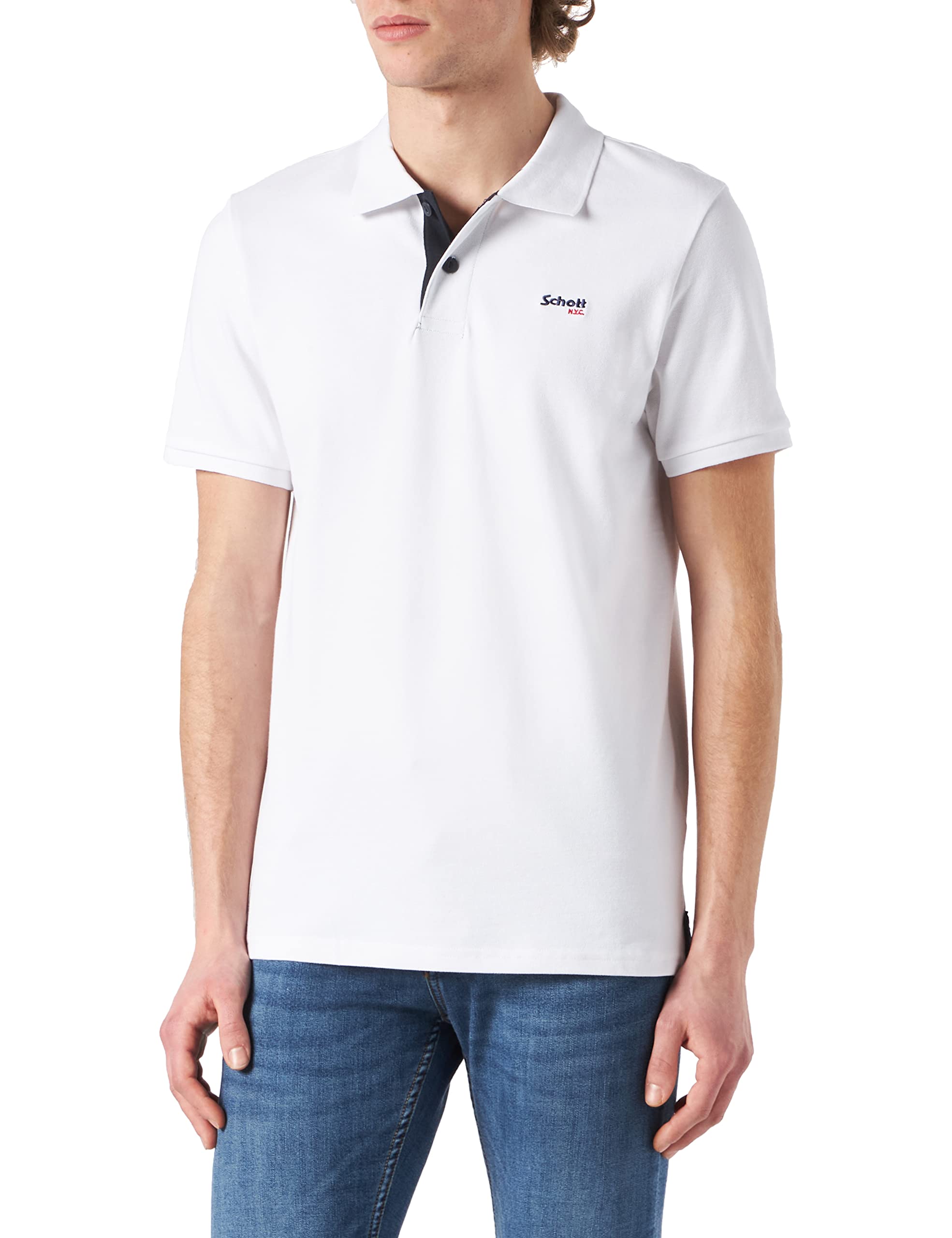 Schott NYC Men's PSMILTON Polo Shirt, White/Navy, XL