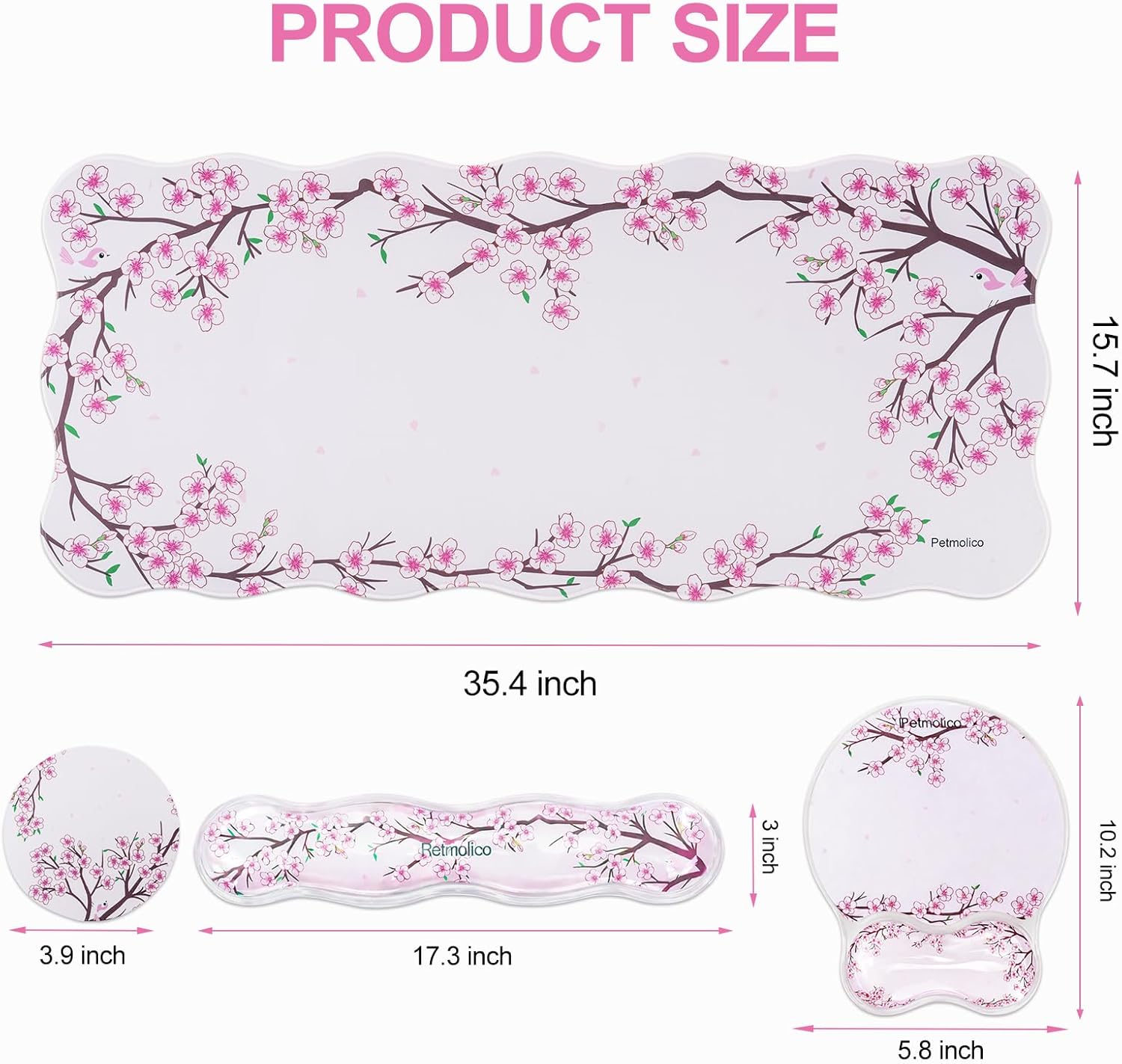 Petmolico Mouse Pad with Wrist Rest-Clear Gel Wrist Rest for Keyboard and Mouse,Large Non-Slip Desk Mat and Heat-Resistant Cup Coasters,Ergonomic Design for Typing Pain [Pink,Plum Blossom]