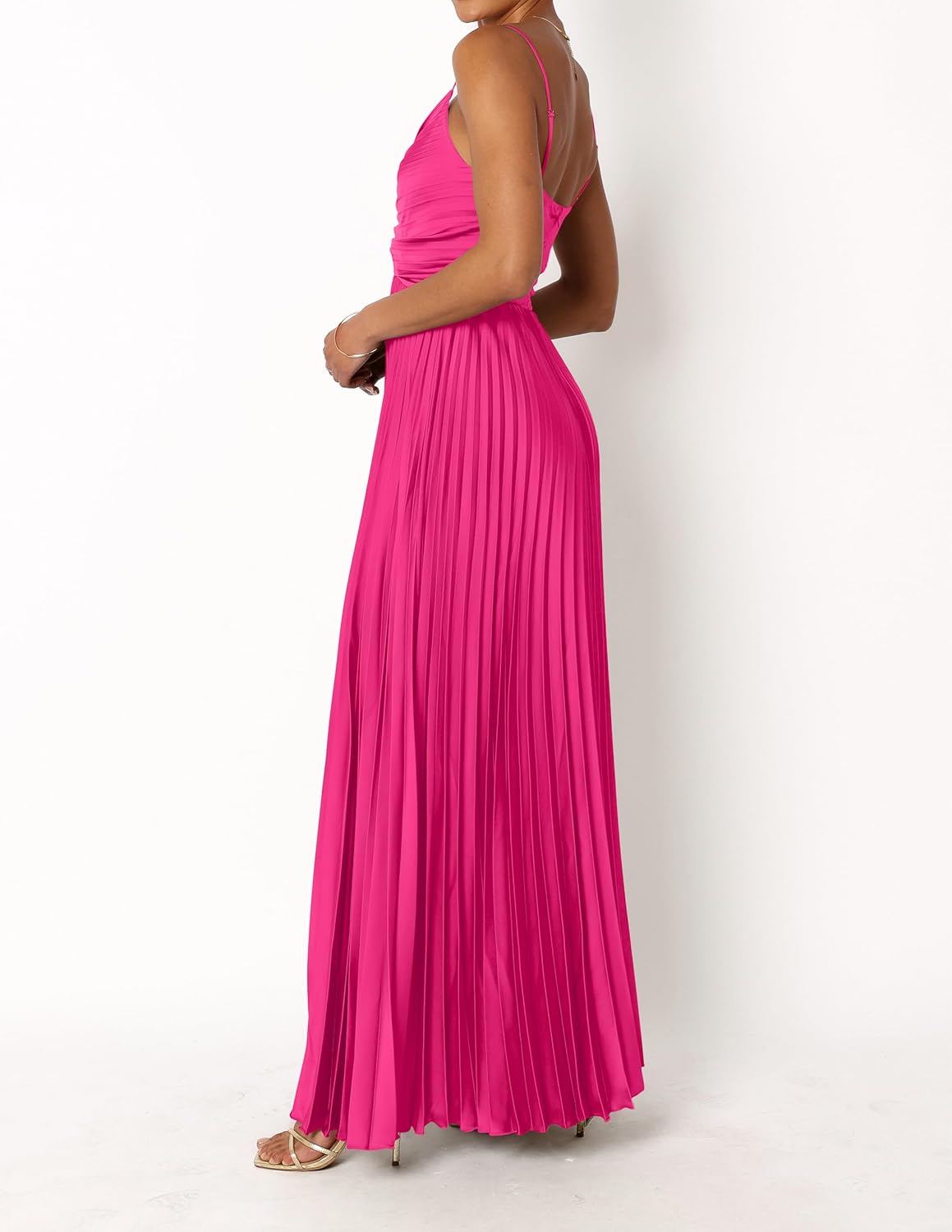 LASPIA Women's Summer Pleated Dress A-Line Floral Adjustable Spaghetti Strap Maxi Solid Dresses Hot Pink - Image 4