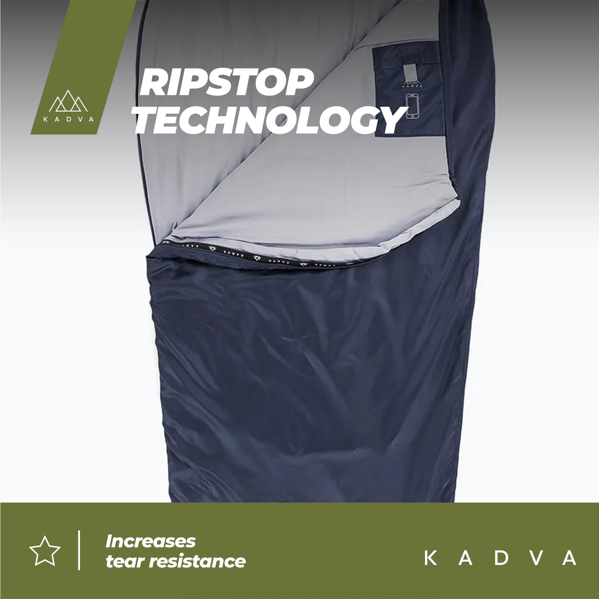 KADVA Camping Schlafsack L Sommerschlafsack mit Kapuze Innentaschen 17 Grad Ripstop