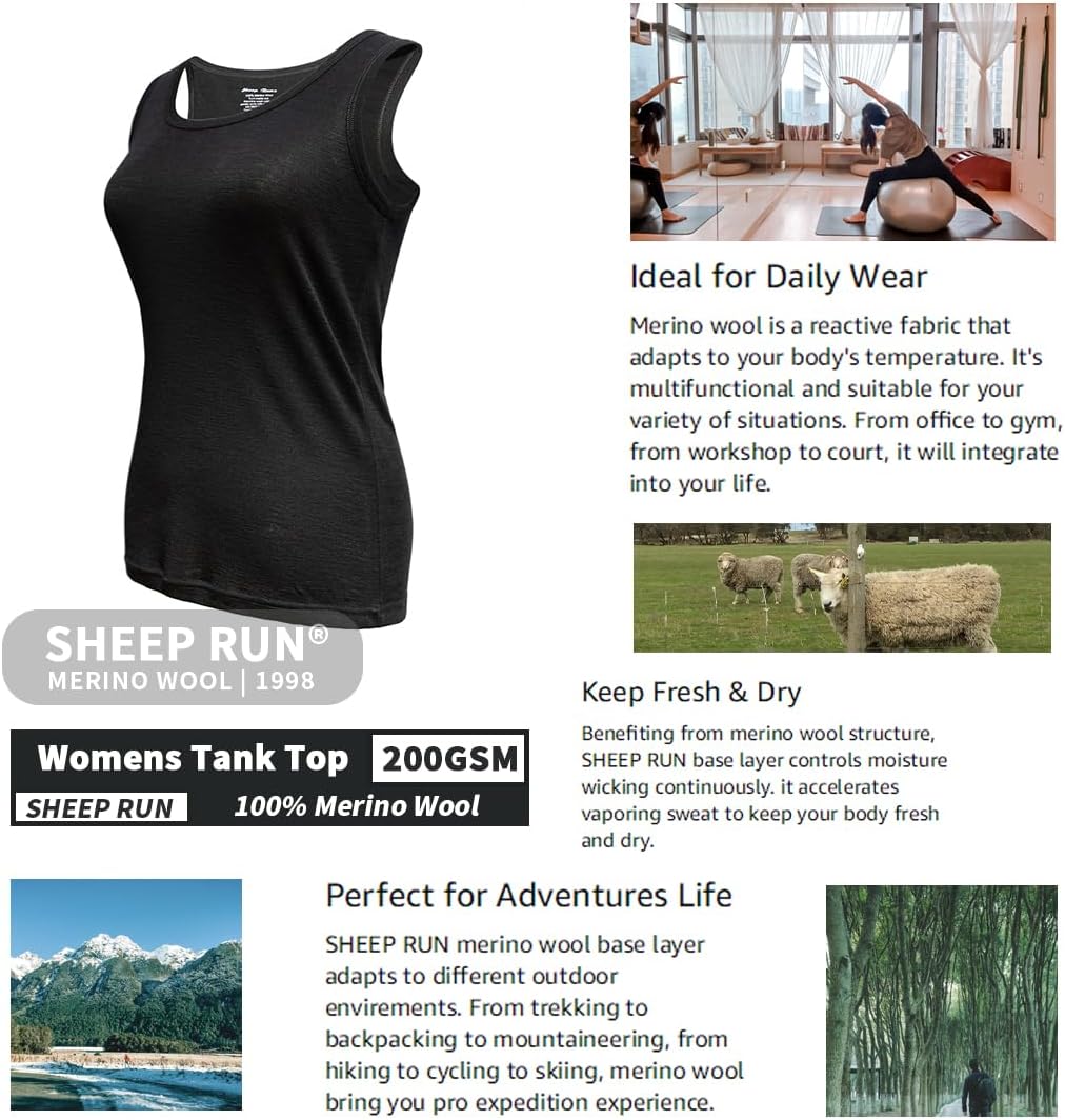 SHEEP RUN Women's Merino Wool Racerback Tank Top Ribbed Undershirt Wicking Breathable Basic Singlet Tops - Image 3