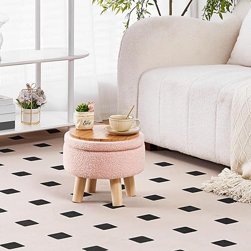 Miniatura 2 de Wimarsbon Otomana de almacenamiento, moderno reposapiés redondo con asiento acolchado suave, reposapiés de terciopelo de peluche con patas de