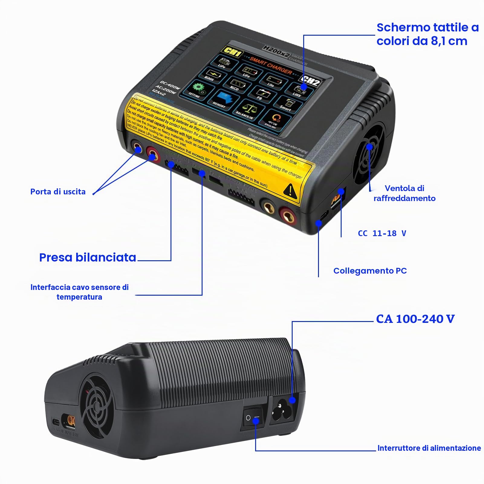 Caricabatterie lipo T400 AC200W/DC400W 12A,lipo caricatore bilanciato doppio scarico 3,2 pollici a colori touch screen scaricatore per LiPo/Lilon/LiFe/NiMH/NiCd/PB/NiMH