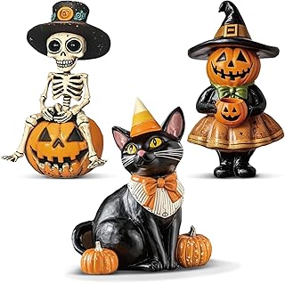 3 Pcs Flat Vintage Halloween Wood Decoration Indoor Halloween Wooden Table Signs Rustic Black Cat Skeleton Pumpkin Decor for Centerpiece Tiered Tray Home Shelf Farmhouse Holiday