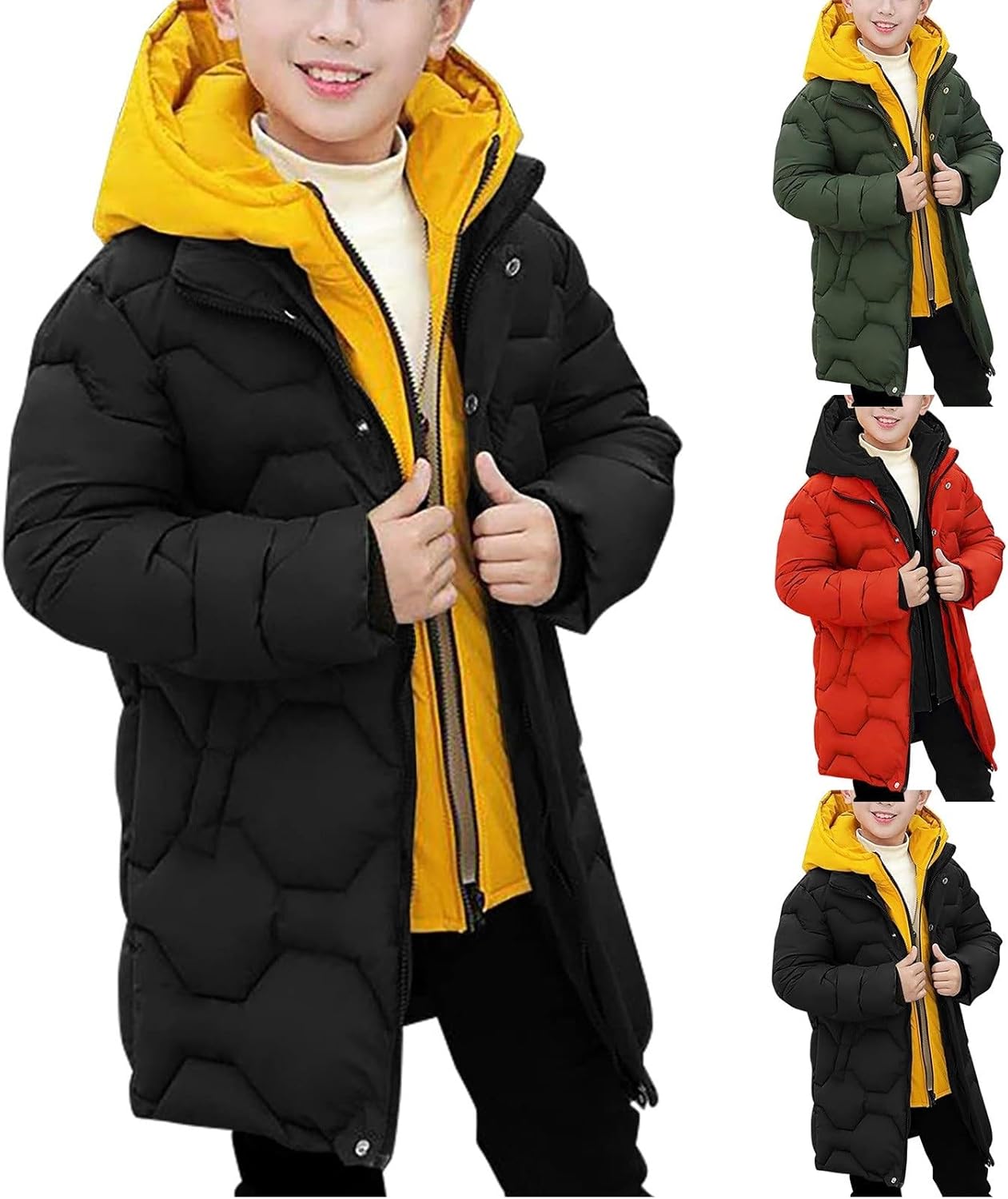 Boys Mid Long Winter Coat Youth Quilted Down Puffer Parka Jacket Hooded Padded Heavyweight Thicken Warm Outerwear