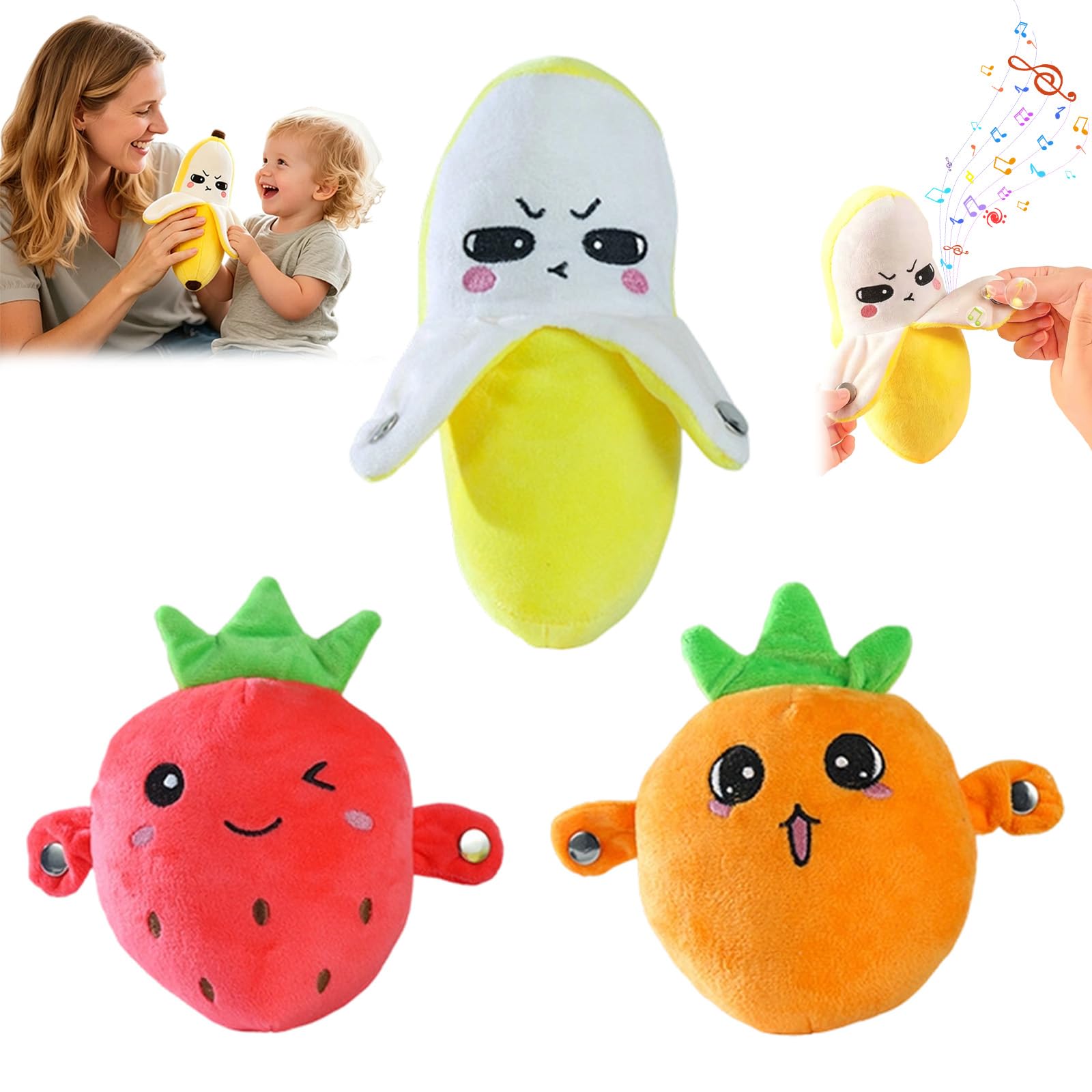 mondpfote Interactive Music Plush Toy, Fun & Playful Sound-Activated Toys For Aldult, Touch-Sensitive Banana & Fruit Plush For Children Learning And Entertainment Activities Plush Sensory Toy (3 MIX)