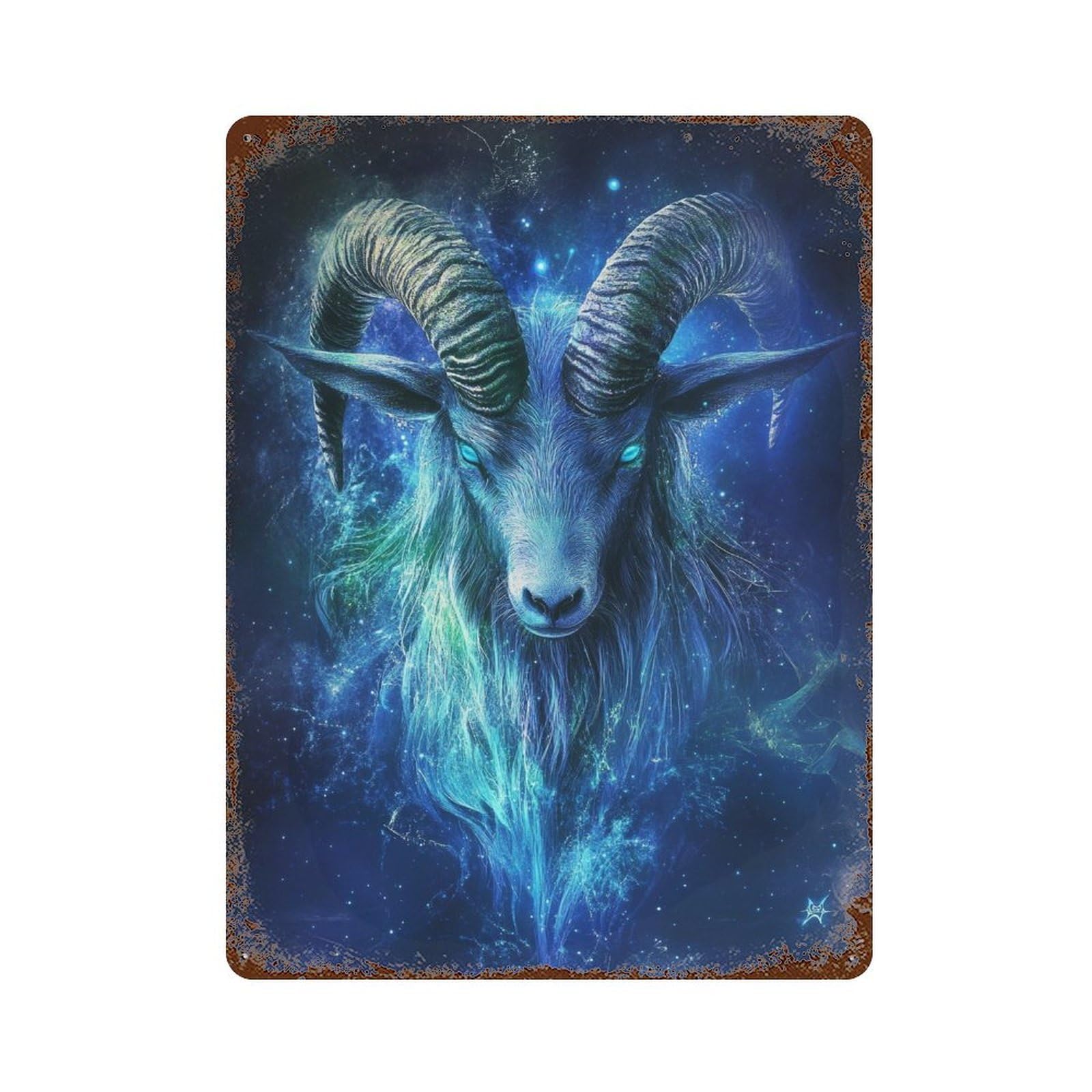 Galactic Ram Celestial Majesty 15.7"x11.8" Distressed Metal Wall Sign, Industrial Home Decor for Patio, Garden Room And Bar Decor