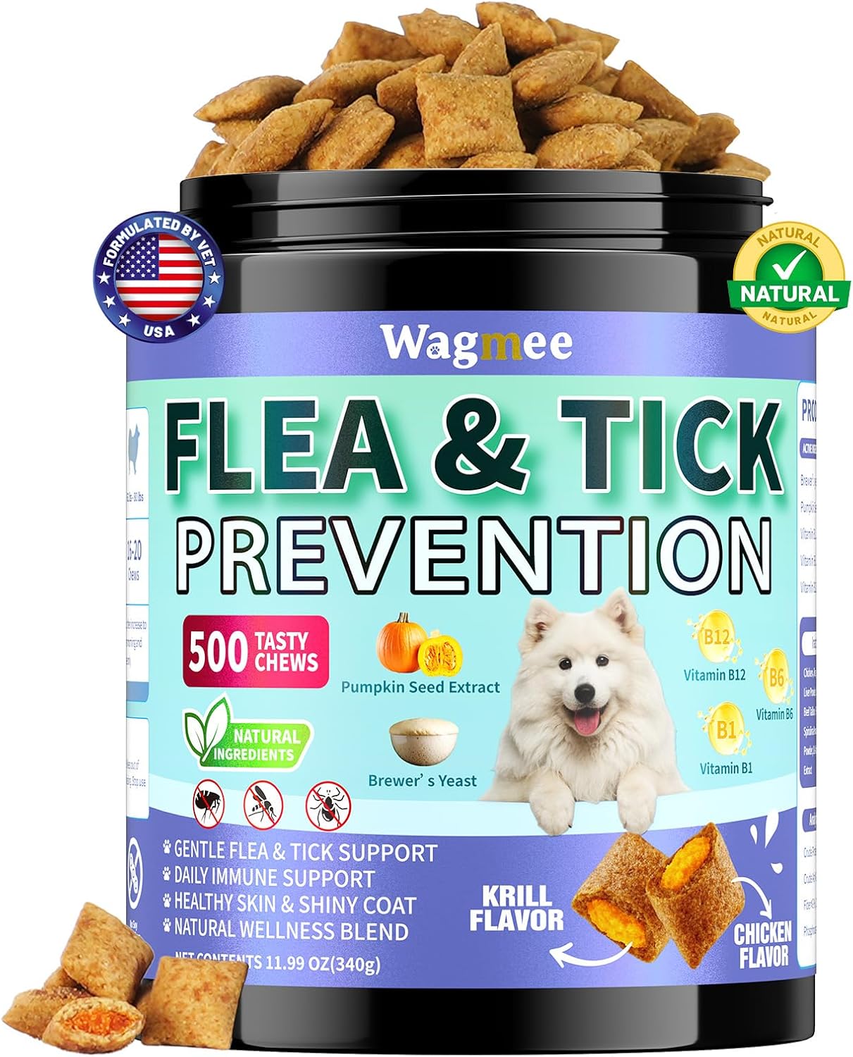 Flea and Tick Prevention for Dogs Chewables – 500 Crunchy & Creamy Tasty Chews, Natural Dog Flea and Tick Treatment Chewable, Oral Flea Chews Supplement for Dogs Puppies, All Breeds & Ages, Chicken