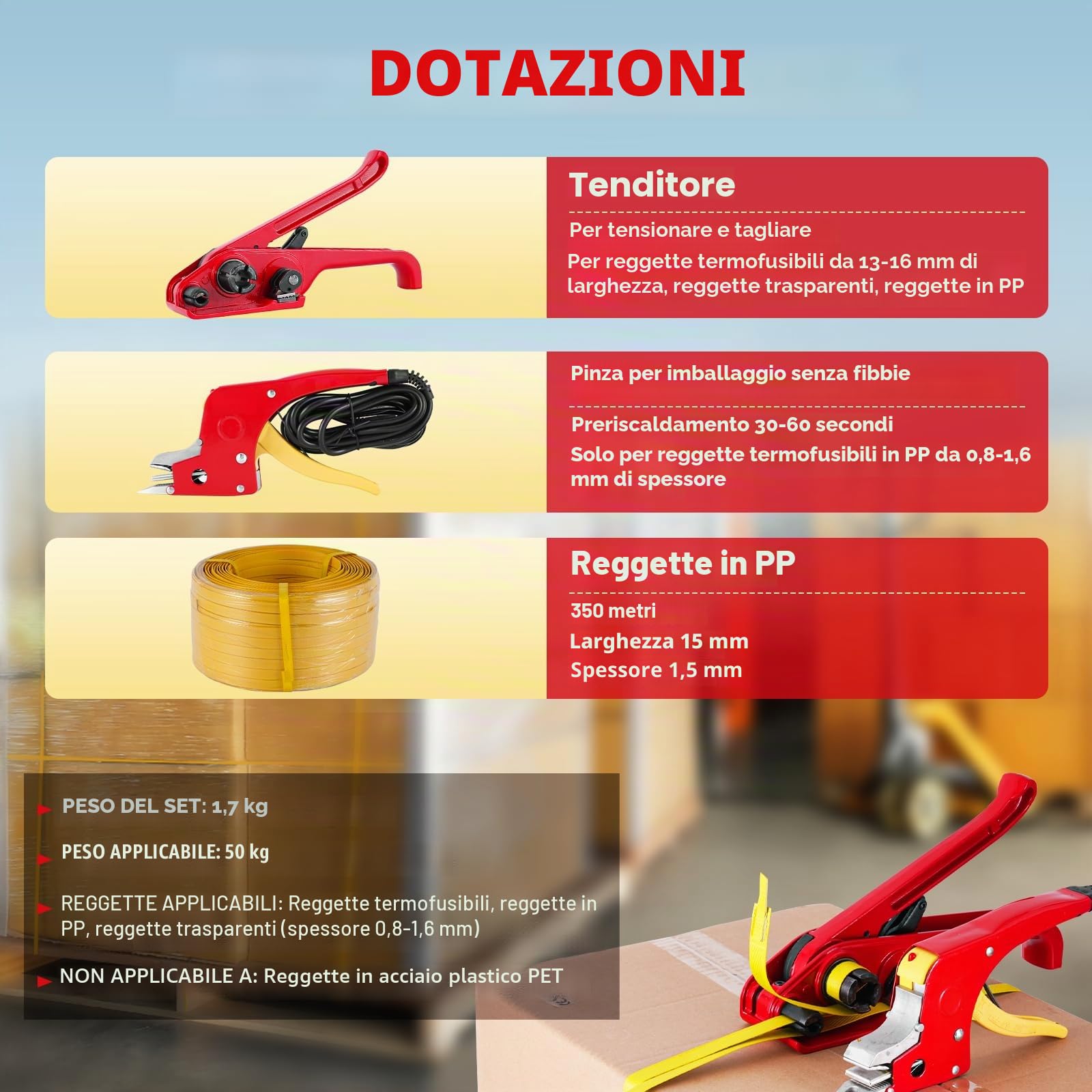 BAOSHISHAN Set di reggiatura 13-19 mm con reggette in PP (tenditore manuale + utensile elettrico a caldo + 350 metri di reggette)