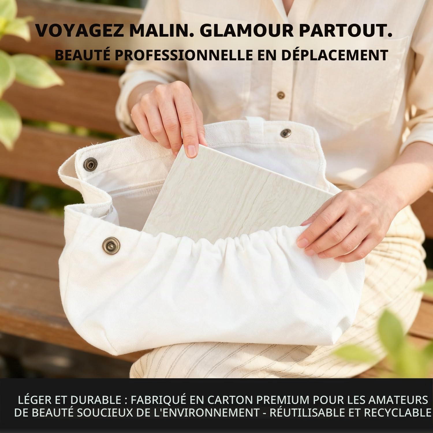 Palette magnétique vide à 4 couches (grain de bois blanc) + 1 spatule de dépôt de maquillage + 50 autocollants ronds en métal + 50 autocollants carrés en métal