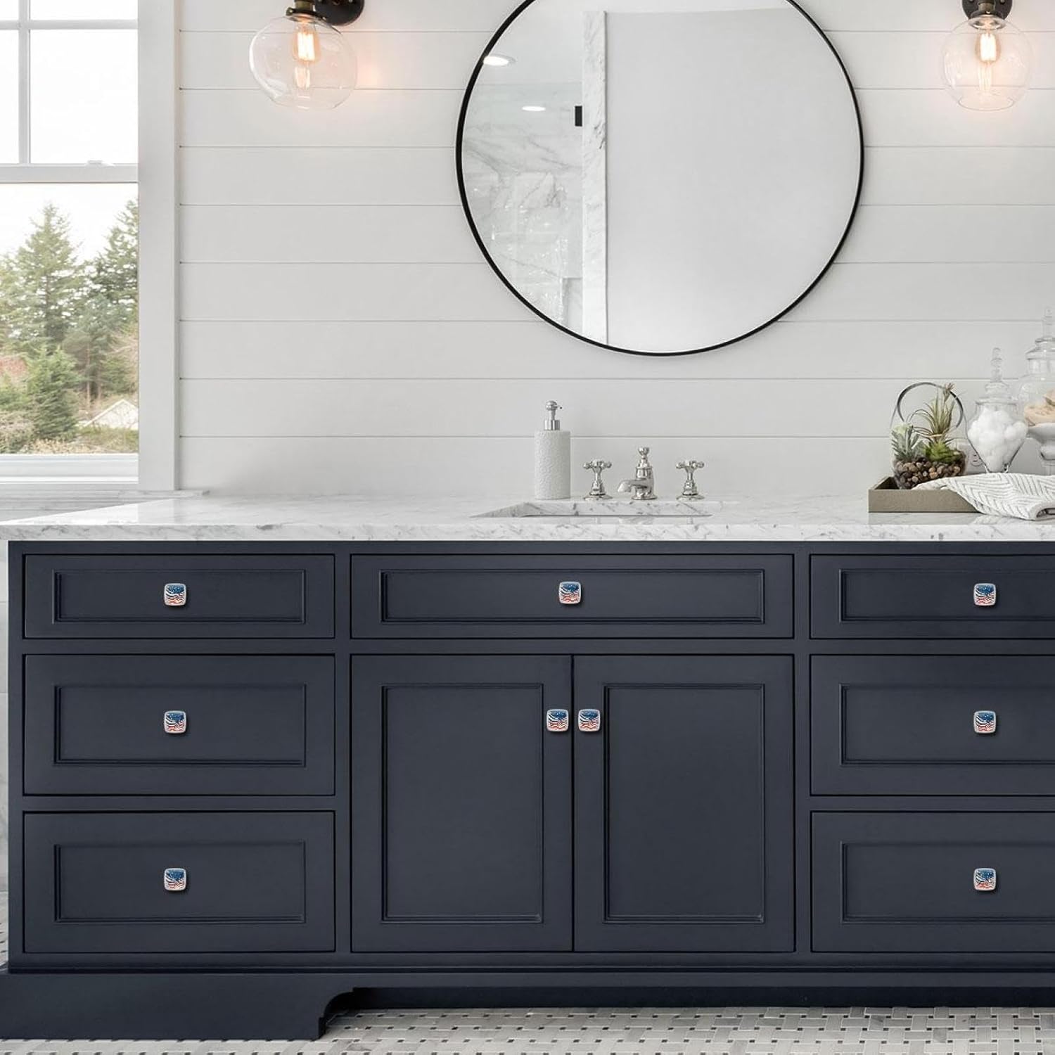 Square Kitchen Cabinet Knobs and Pulls,Cabinet Door Handles,12Pcs,American Flag Stripes Blue,Kitchen Knobs for Cabinets