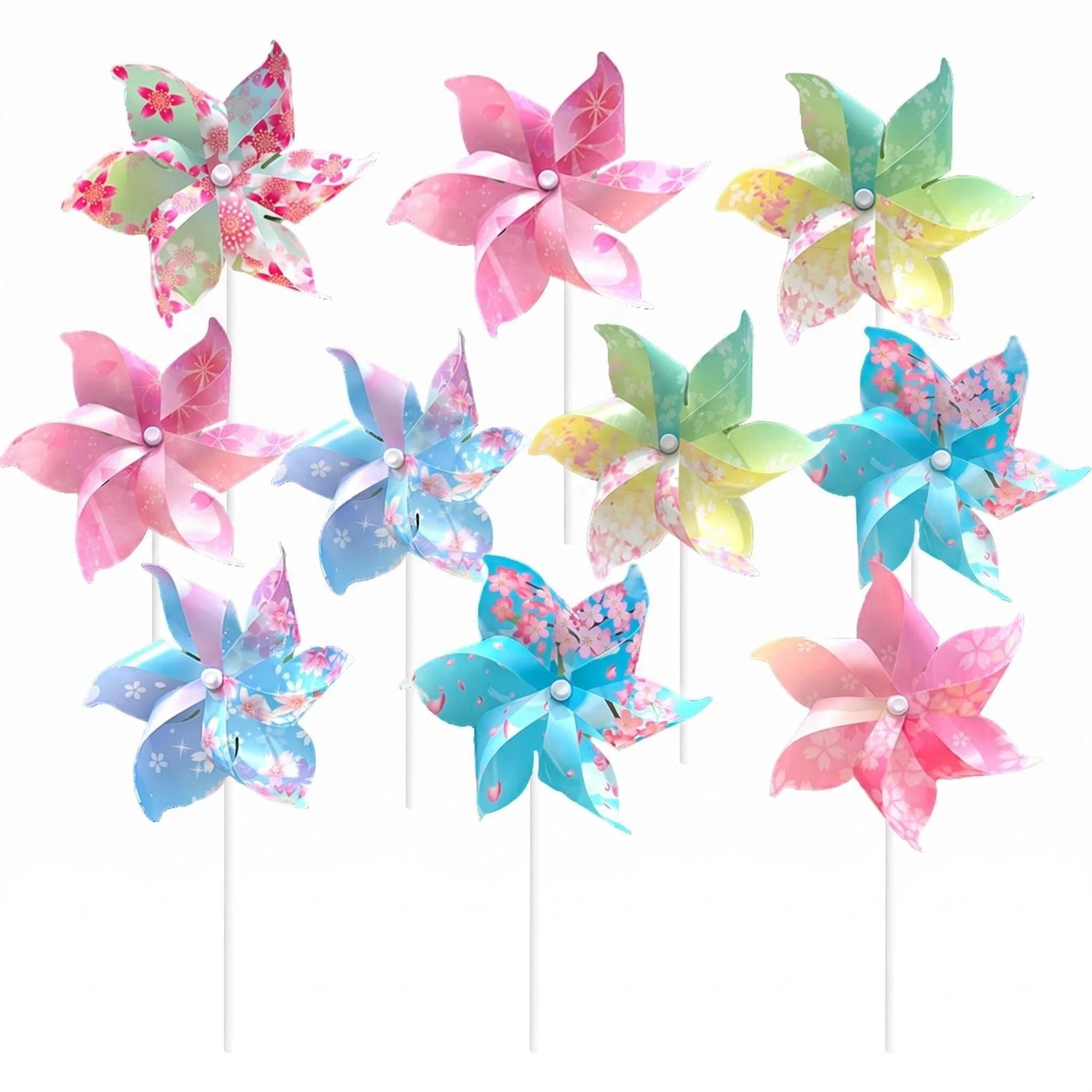 10Pack Recyclable Plastic Windmills with Sakura Pattern Outdoor Wind Spinner Set for Garden Lawns Outdoor Parties Balconies Living Areas Simple Diy Decoration and Bird Repellent (Random Colors) (B)
