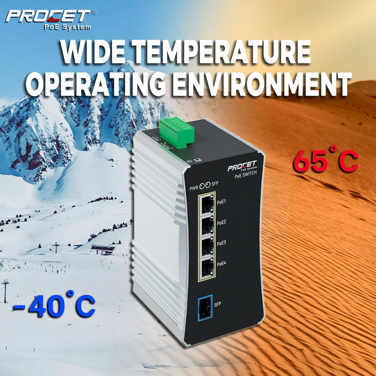 Procet Commutateur PoE Gigabit 4 ports Din Rail, 90 W/port, convertisseur de média en fibre PoE++ industriel avec large température -40 °C à 65 °C, fente SFP, entrée AC/DC,