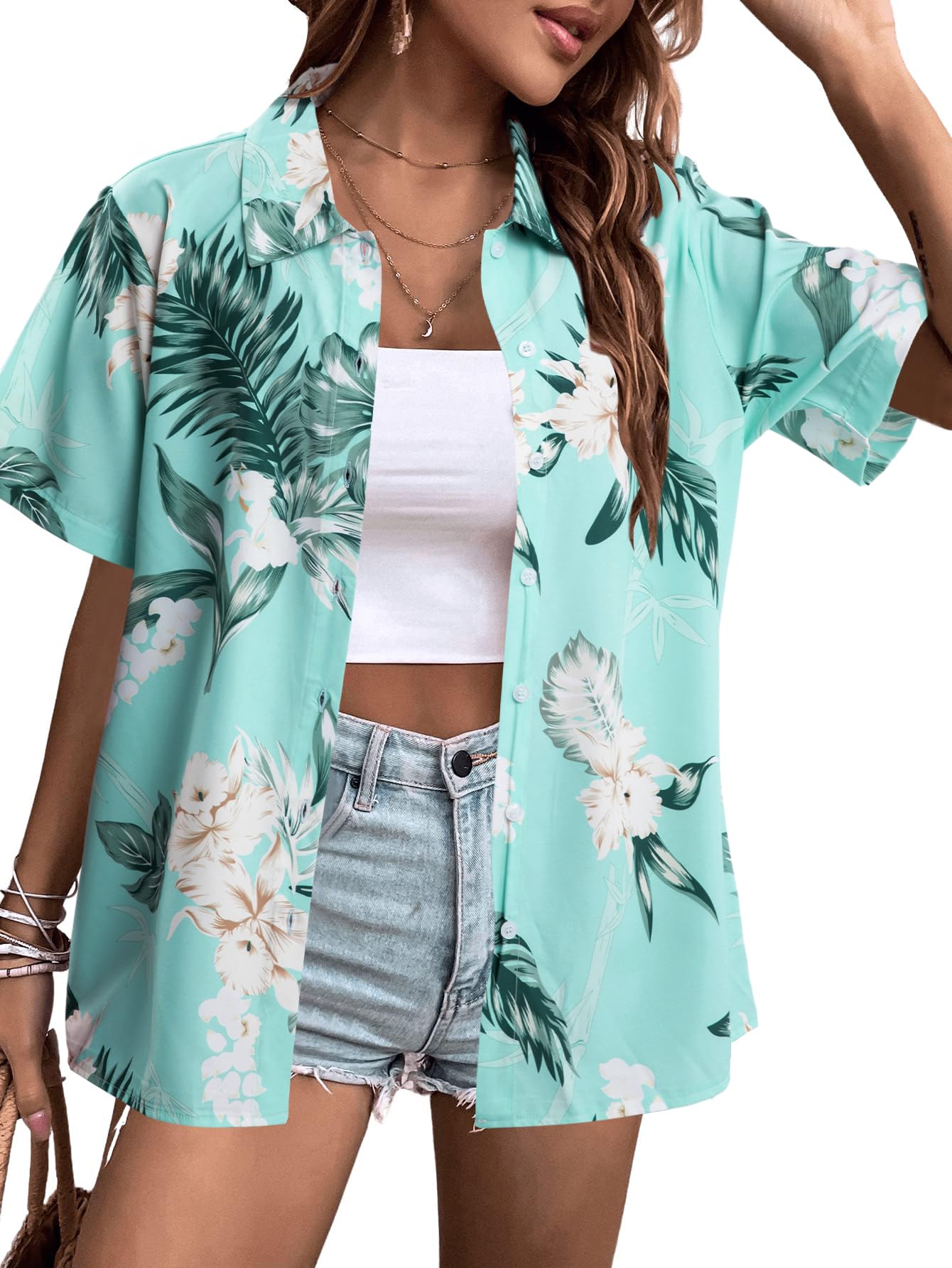 MYHALF Women Hawaiian Shirt Soft Cool Summer Hawaii Shirts Floral Tropic Print V Neck T-Shirt Short Sleeve Button Up Tops