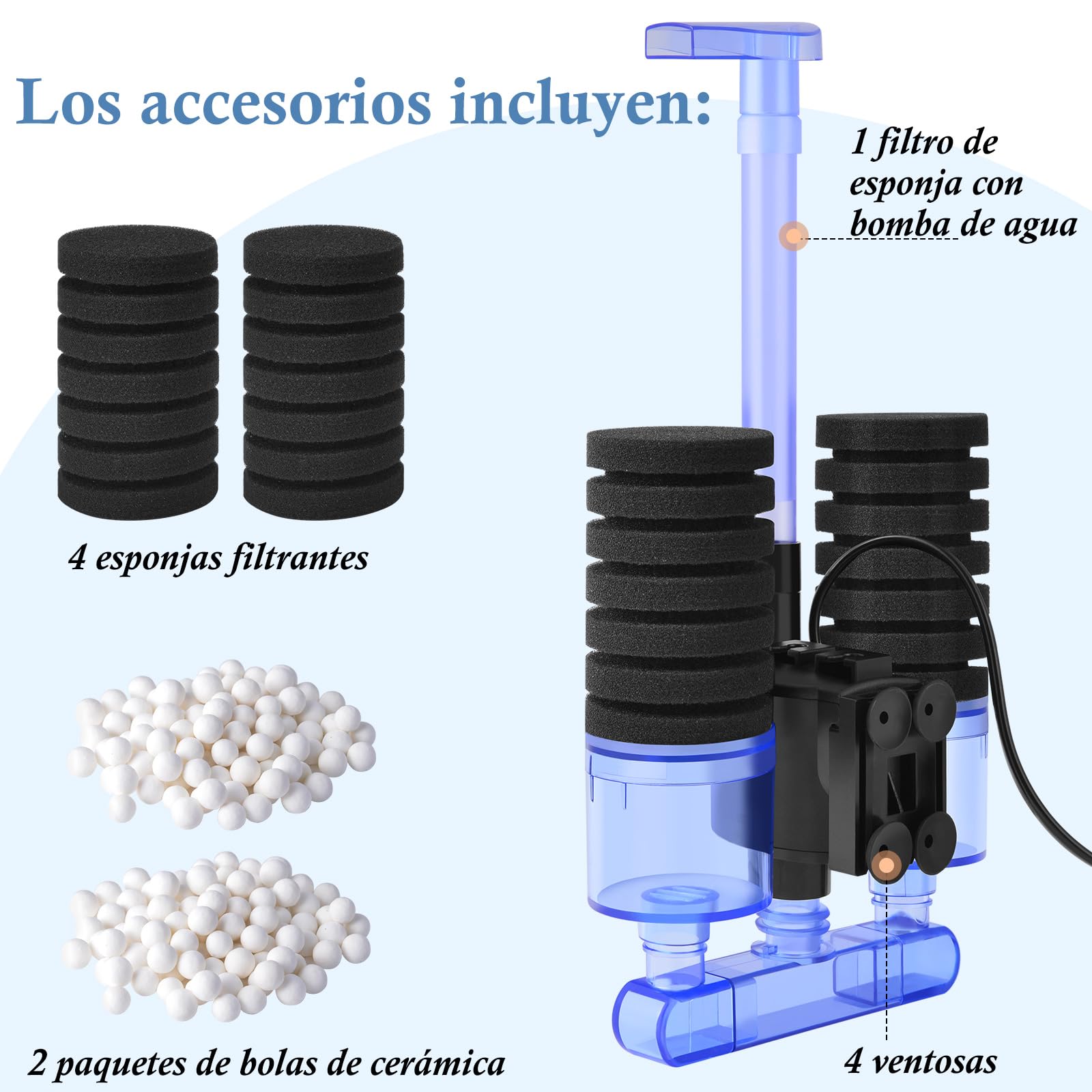 FEDOUR Filtro de Esponja para Acuario con Bomba de Agua, Filtro Acuario Eléctrico Silencioso, Filtro Pecera con 4 Esponjas Filtrantes y Bolas de Cerámica, para Peceras yTortugas y Camarones Hasta 150L