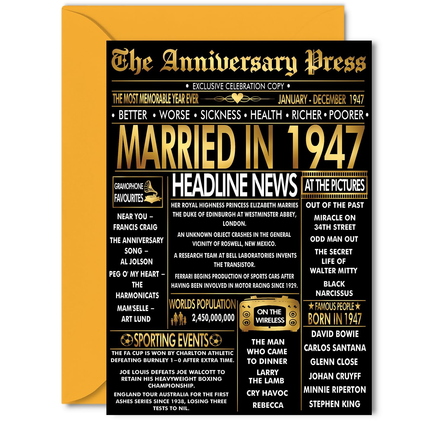 Gold 79th Anniversary Card for Women Men - Golden Newspaper Married in 1947-79 Year Wedding Anniversary Card for Husband Partner Wife Companion, 5x7 Inch Anniversaries Greeting Cards