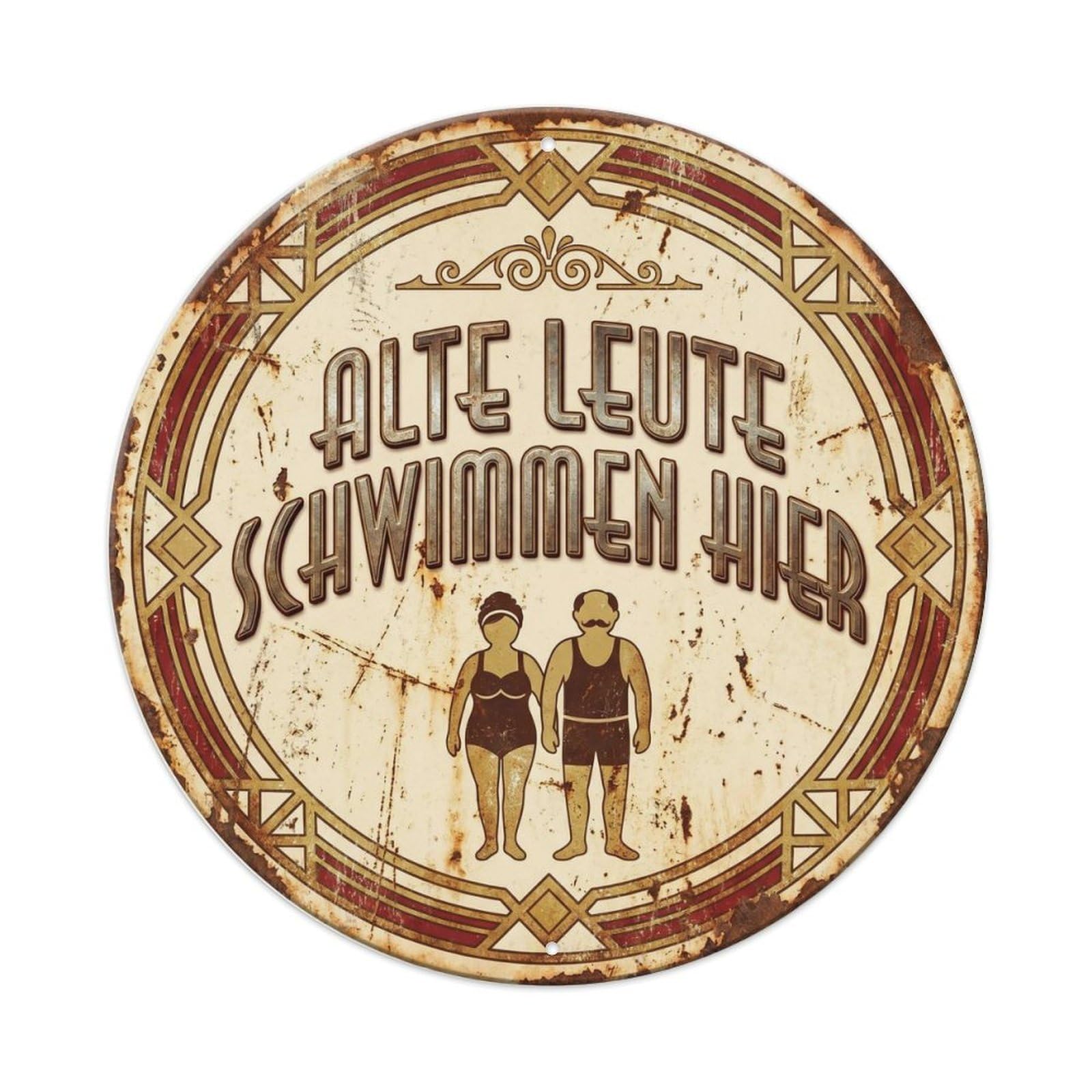 Old People Swim Here German Pool Humor Vintage Slogan Badge Metal Tin Sign Plaque Wall Decor for Cafe, Man Cave, Club Bar, Office, Home Garden Round Metal Poster 8x8Inch