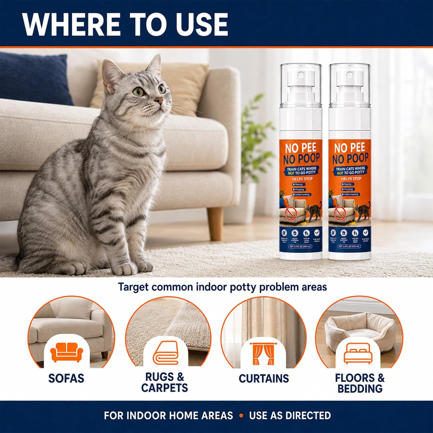 Cat Deterrent Spray, No Pee No Poop Cat Potty Training Spray | Helps Stop Urine Marking and Pooping, Plant-Based Formula for Indoor & Outdoor Use, Furniture & Carpets, 6.8 Fl Oz
