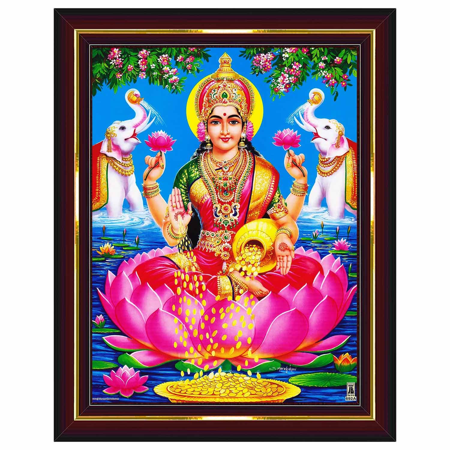 Pavan Photo Laminations Goddess Lakshmi Devi Dhana Vaibhav Laxmi Maa Wall Painting Framed Home Decor (Wood,Matte,Brown,Small Size,6 x 8 Inch) B317S