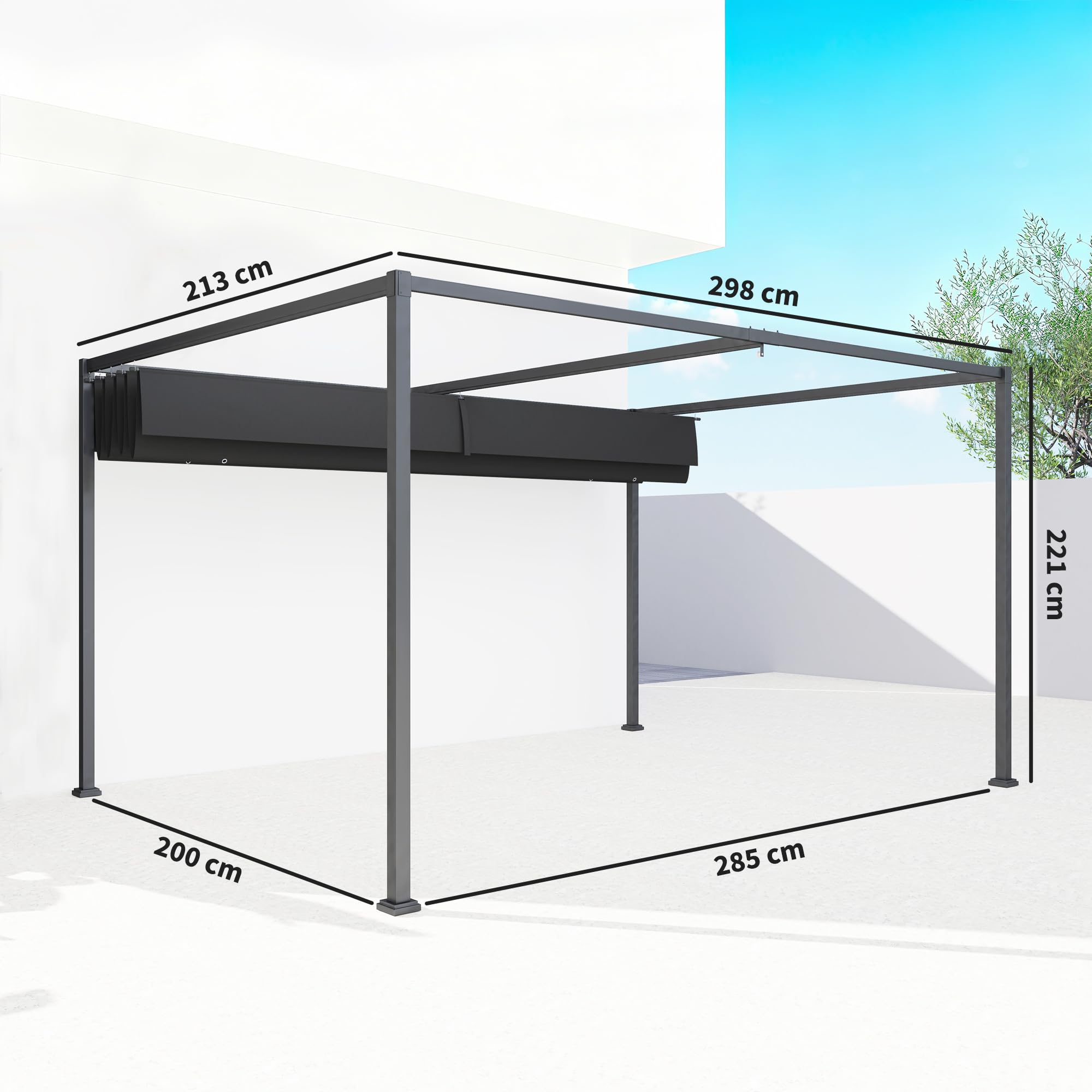 Outsunny Pergola Pawilon zadaszenie tarasu z rozsuwanym dachem, poliester czarny 298 x 213 x 222 cm