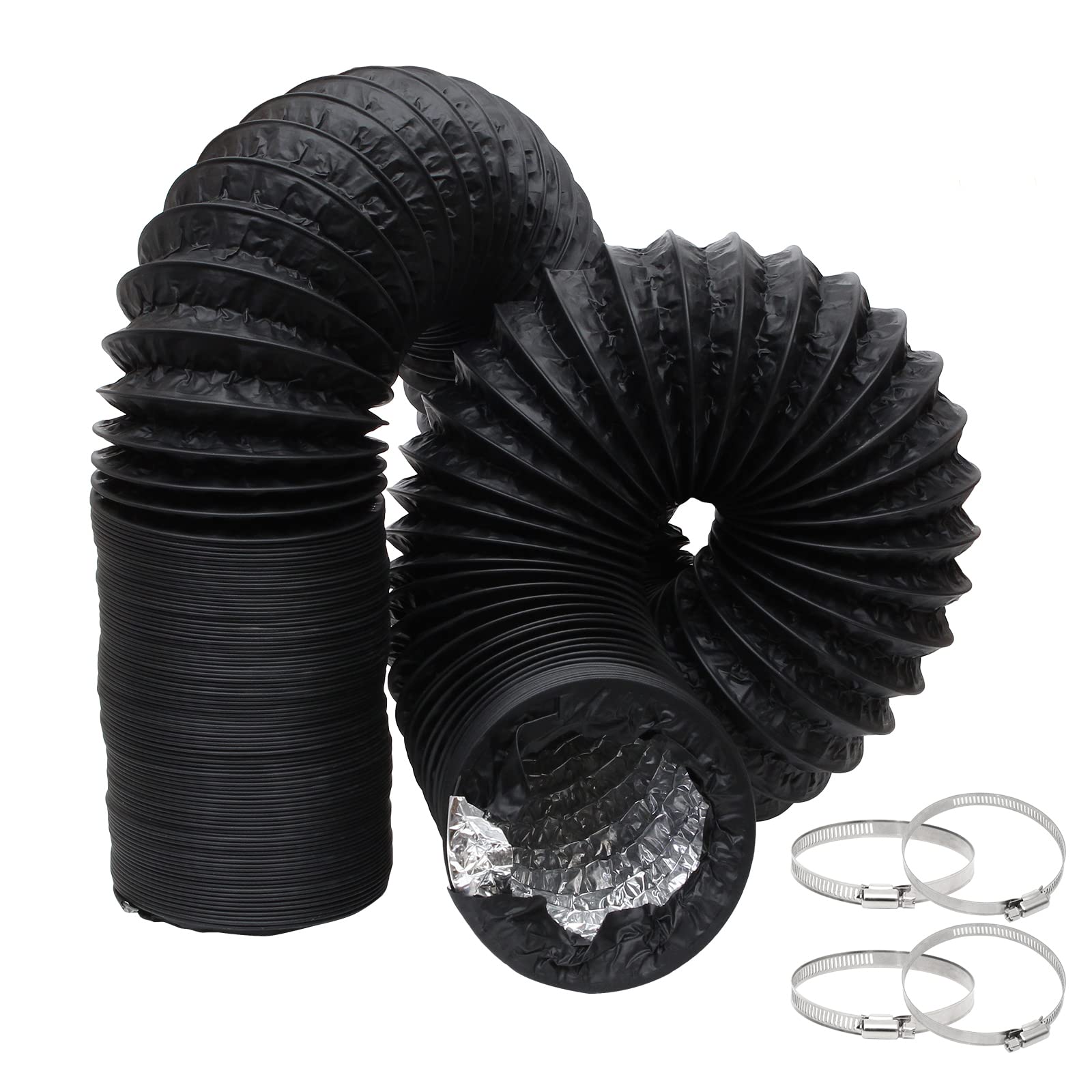 4 Inch Flexible Ducting Hose 16.5 feet, Black Aluminum Ducting Dryer Vent Hose with 2 Screw Clamps for Heating Ventilation Air Conditioning (HVAC), Boat Blower, Exhaust Grow Tents — image 1