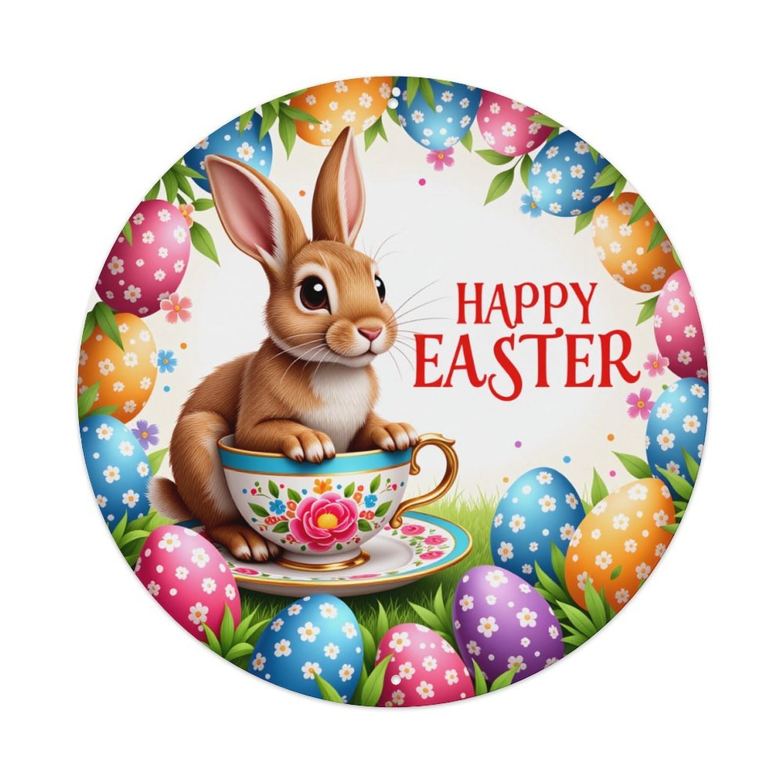 Easter Bunny Tea Cup Eggs Round Tin Sign Retro Metal Sign for Cafe Bar Pub Home Game Room Gym Club Wall Decoration Vintage Metal Poster 8x8 Inch