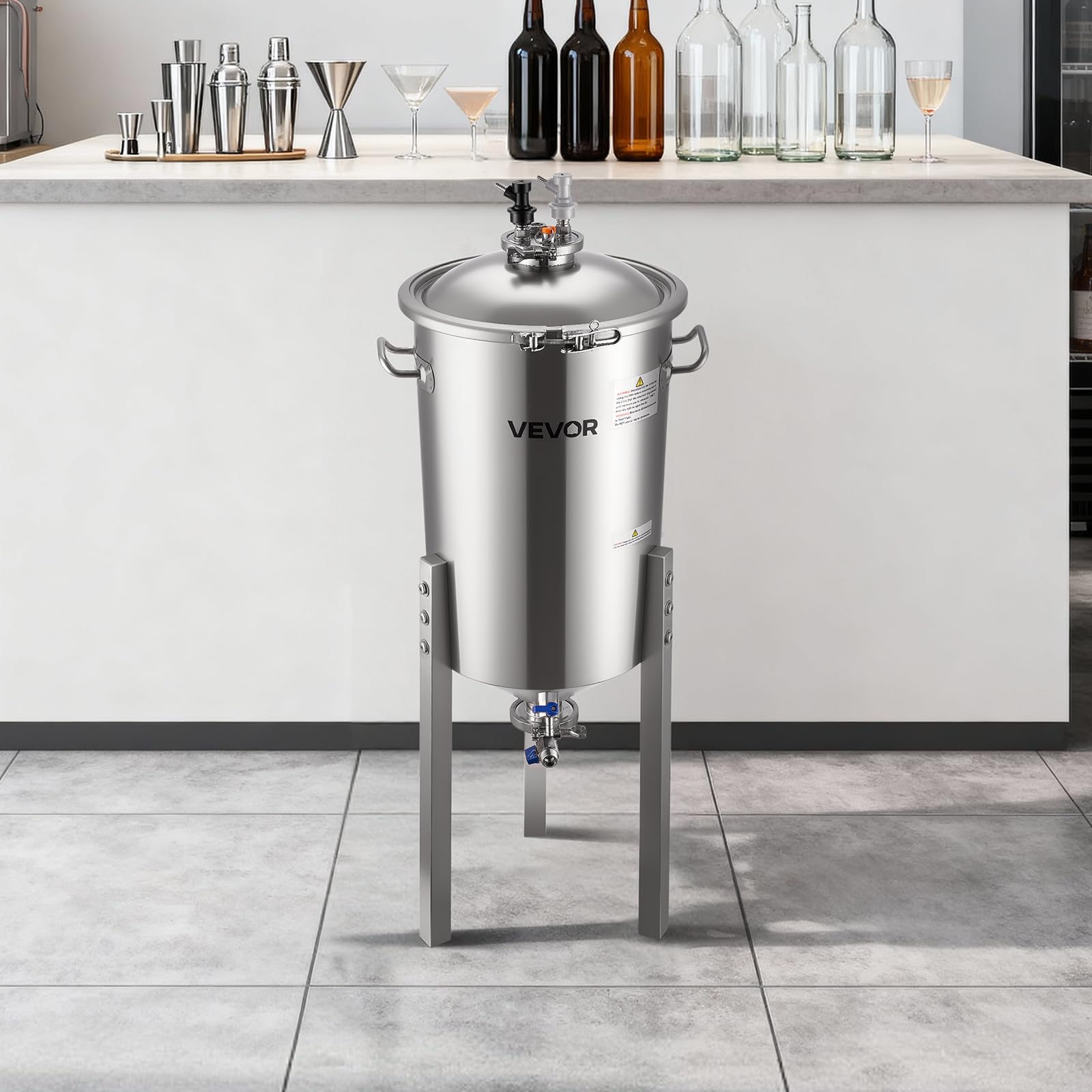 VEVOR Fermenteur Conique 30 L, Cuve de Fermentation en Acier Inoxydable, avec Fond Conique, 3 Pieds Réglables, Couvercle, Poignée et Thermomètre, Équipement de Brassage Fermentation de Bière et Vin