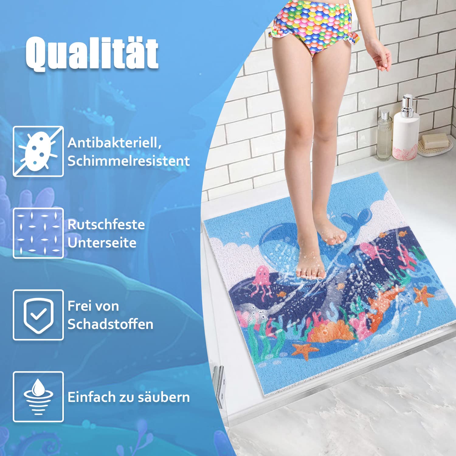 Tappetino da doccia di sicurezza antiscivolo per bambini, 60 x 60 cm, morbido e confortevole, con fori di scarico, in PVC, per ambienti umidi, ad asciugatura rapida