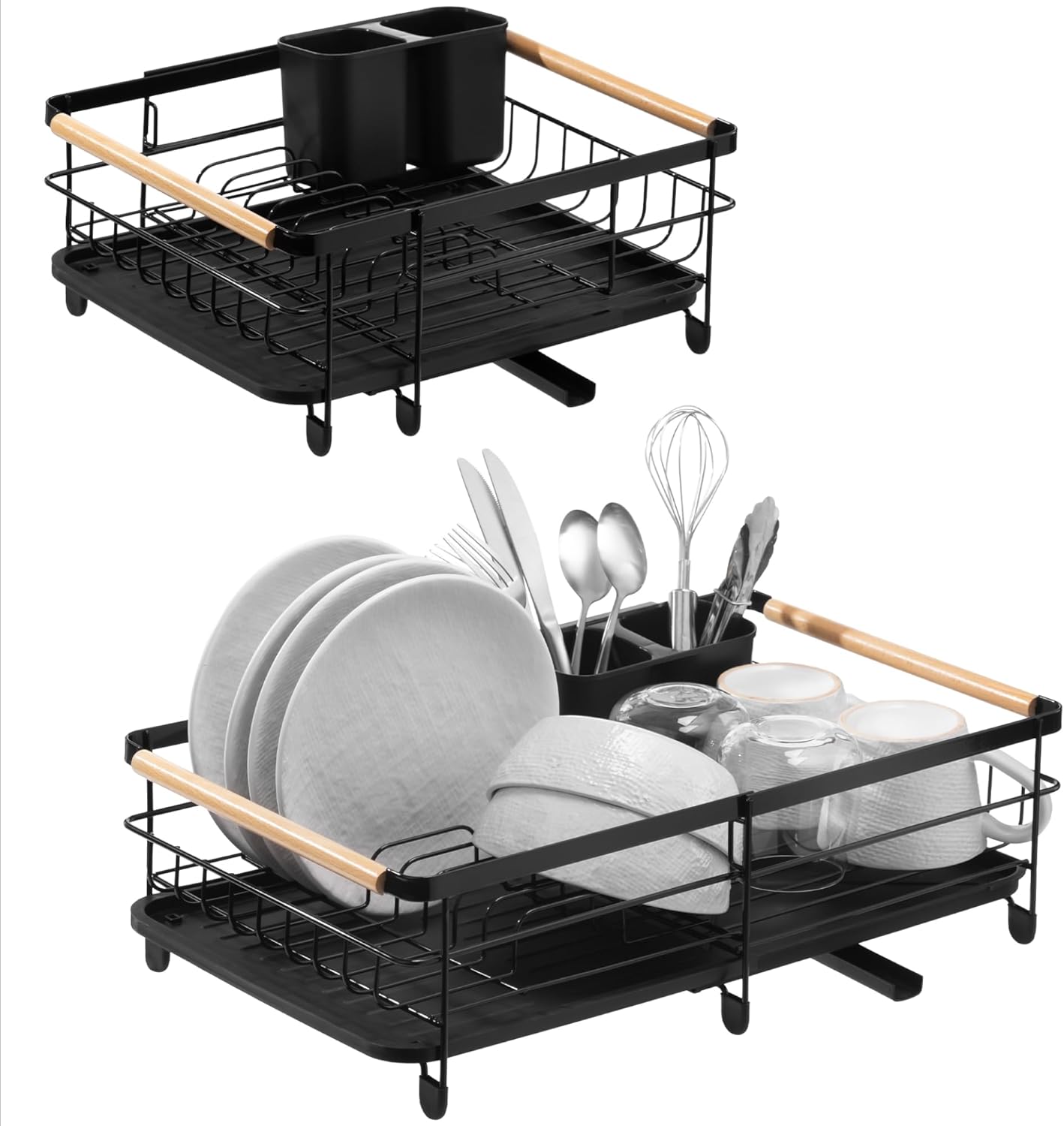 Navaris Expandable Dish Rack - Adjustable Draining Board for Drying Dishes - Removable Plates and Cutlery Holder - Kitchen Sink Washing Up Drainer with Plug and Drip Tray - Black