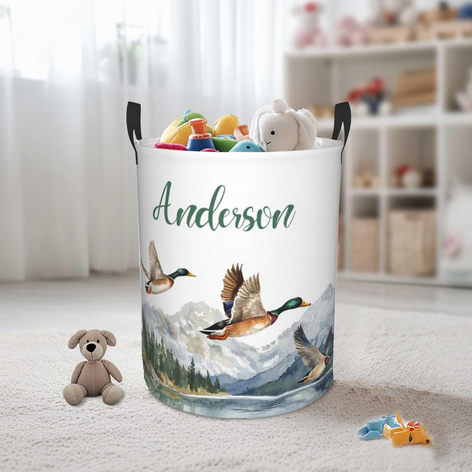Personalized Laundry Basket for Nursery, Custom Nursery Laundry Hamper with Name, Customize Mallard Duck Baby Clothes Circular Hamper for Boys Girls