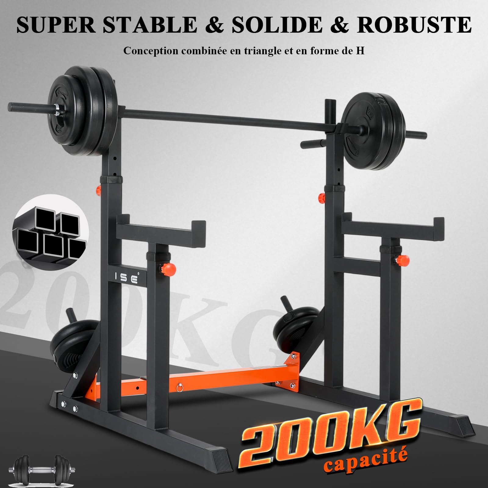 ISE Support Barre de Musculation Multifonction, Rack Squat avec Barres pour Haltères, Cage de Musculation en Acier, Rack Musculation Hauteur et Largeur Réglable, Cage Squat, Home Gym Noir et Rouge