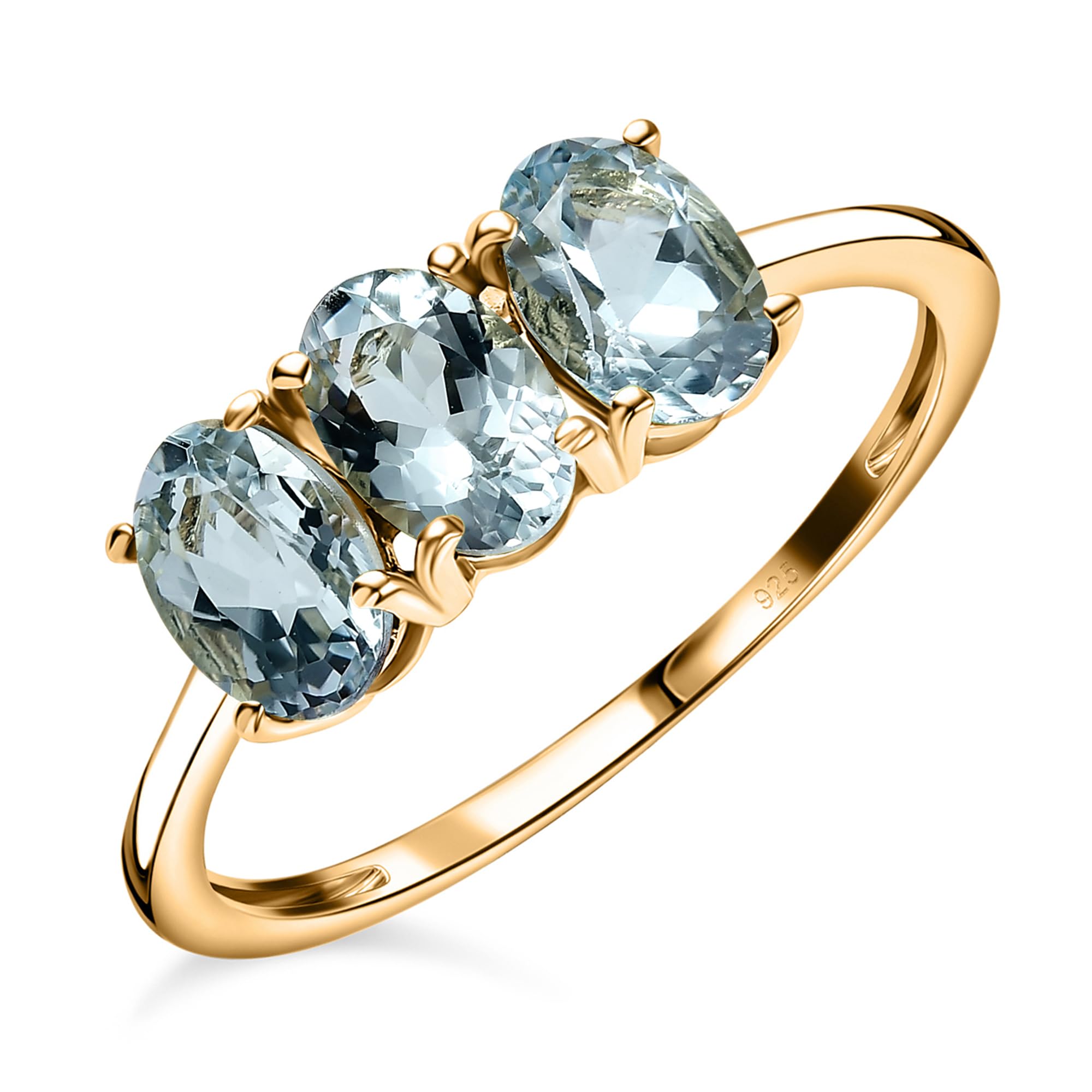 TJCMulti Gemstone Trilogy Ring for Women in 14ct Gold Plated 925 Sterling Silver Prongs Setting Blue Coloured March Birthstone Jewellery Metal Wt. 1.1 Grams