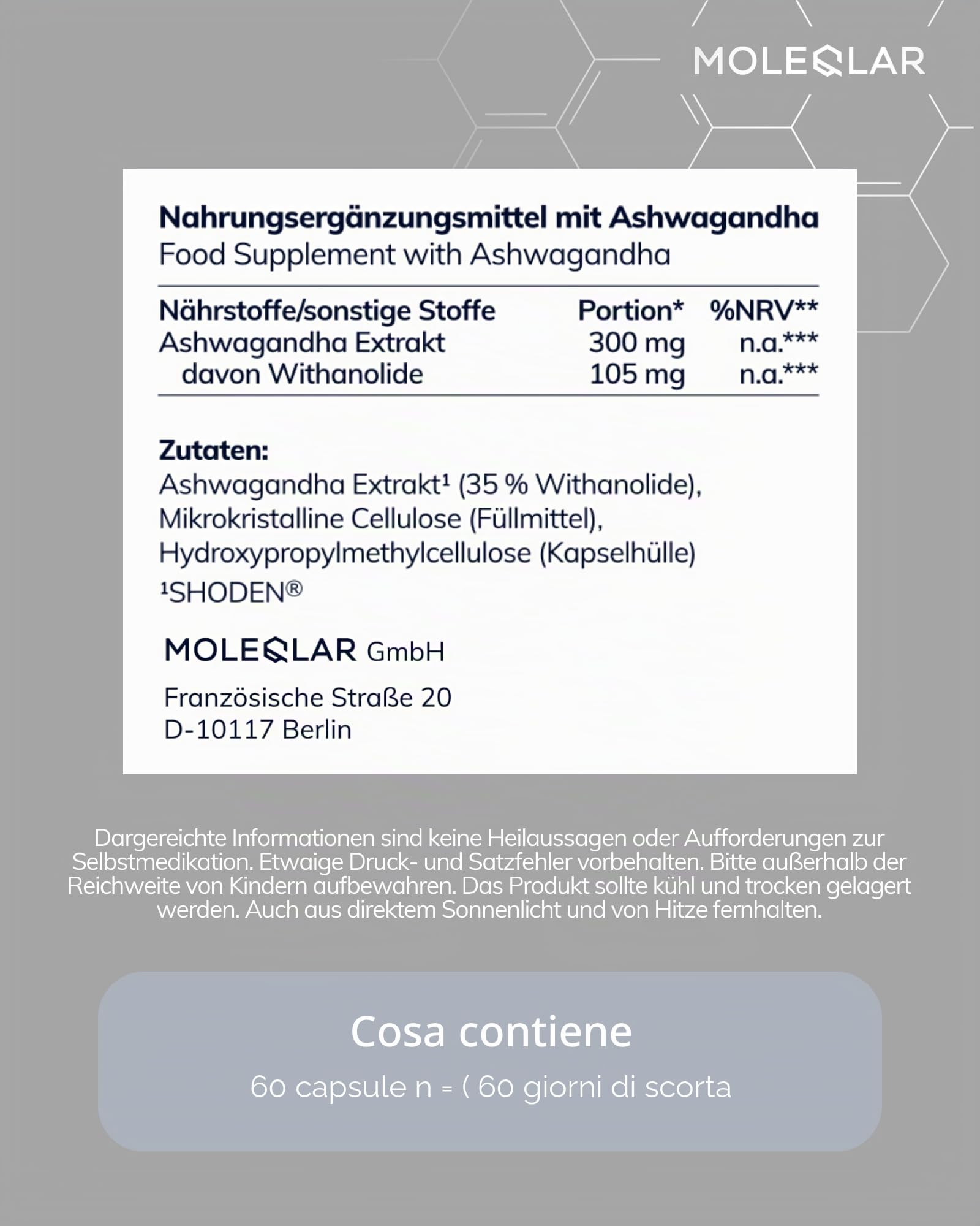 MoleQlar Ashwagandha SHODEN 60 capsule - 300 mg, 35% withanolides, purezza e metalli pesanti controllati