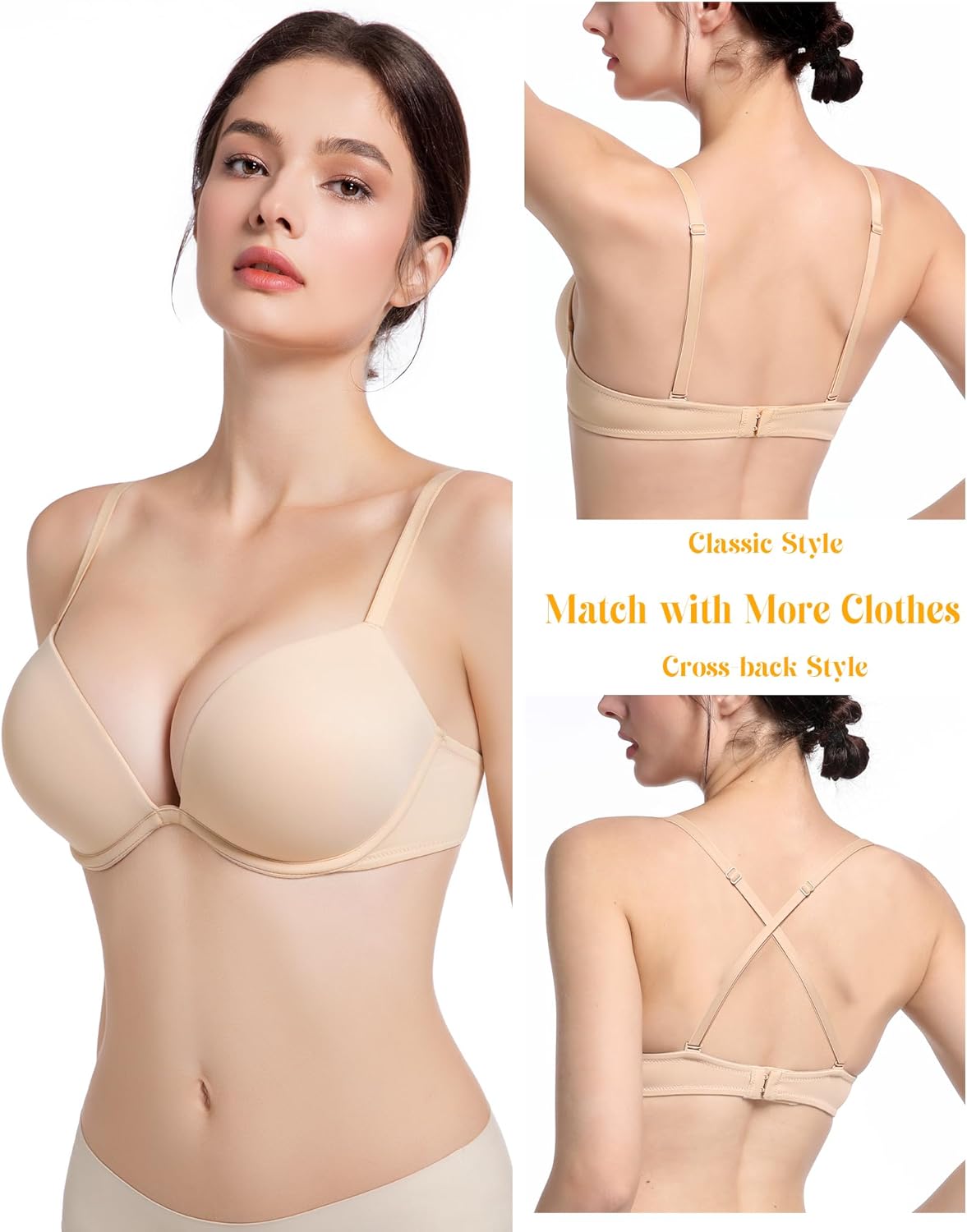 HACI Women's Push Up Bra Plunge Deep V Thick Padded Underwire Seamless Multiway Add 2 Cups - Image 3