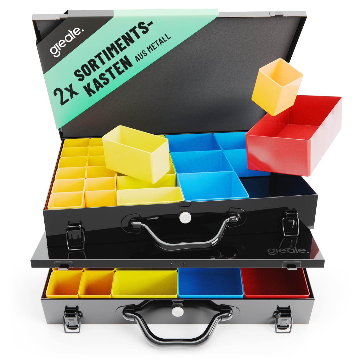 greate Sortimentskasten Metall mit 23 herausnehmbaren Behältern - Kleinteilekoffer leer - Sortimentskoffer Metall als Schraubenkoffer - Schrauben Sortimentbox, Werktstatt Organizer