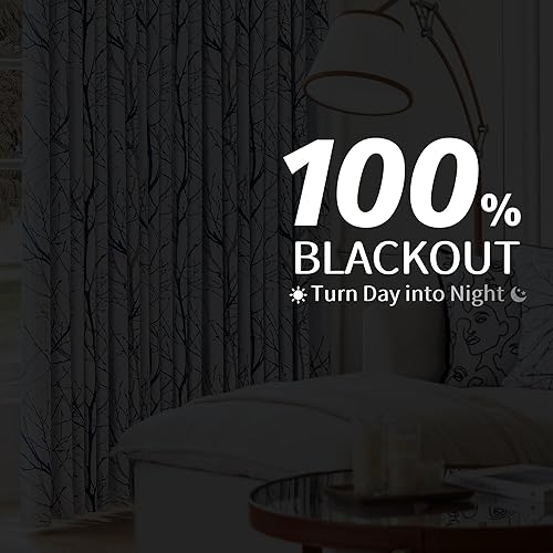 Miniatura 3 de FMFUNCTEX Cortinas 100% opacas para dormitorio, cortinas de árbol azul y blanco de 84 pulgadas de largo para sala de estar, cortinas grises de
