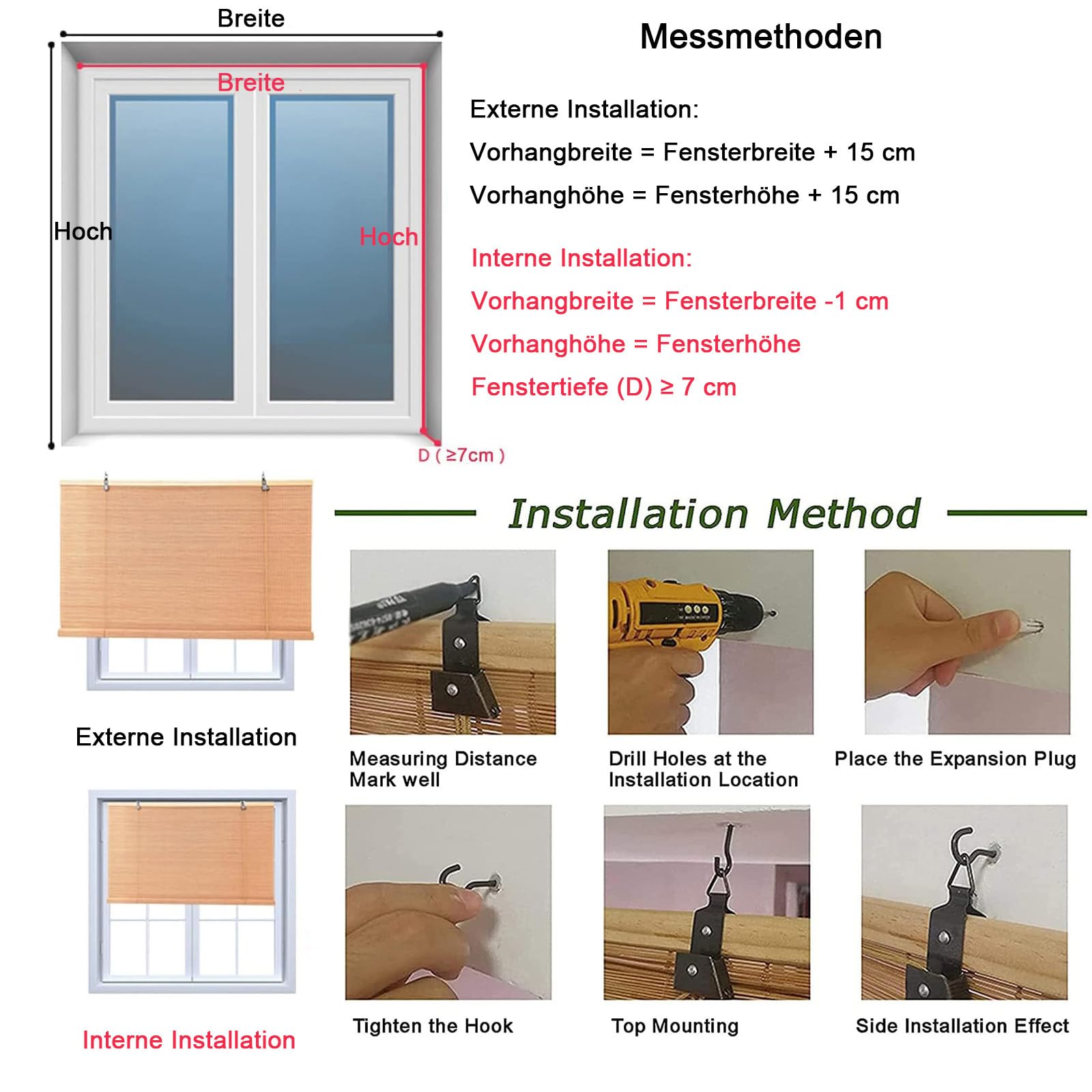 Bambus-Rollo für den Innenbereich,Bambusrollo für Türen und Fenster mit Lifter,60% Verdunkelungsrollos,Sonnenschutz und Sichtschutz Rollo Seitenzugrollo,Anpassbar,Breite×Höhe (50cm x 270cm)