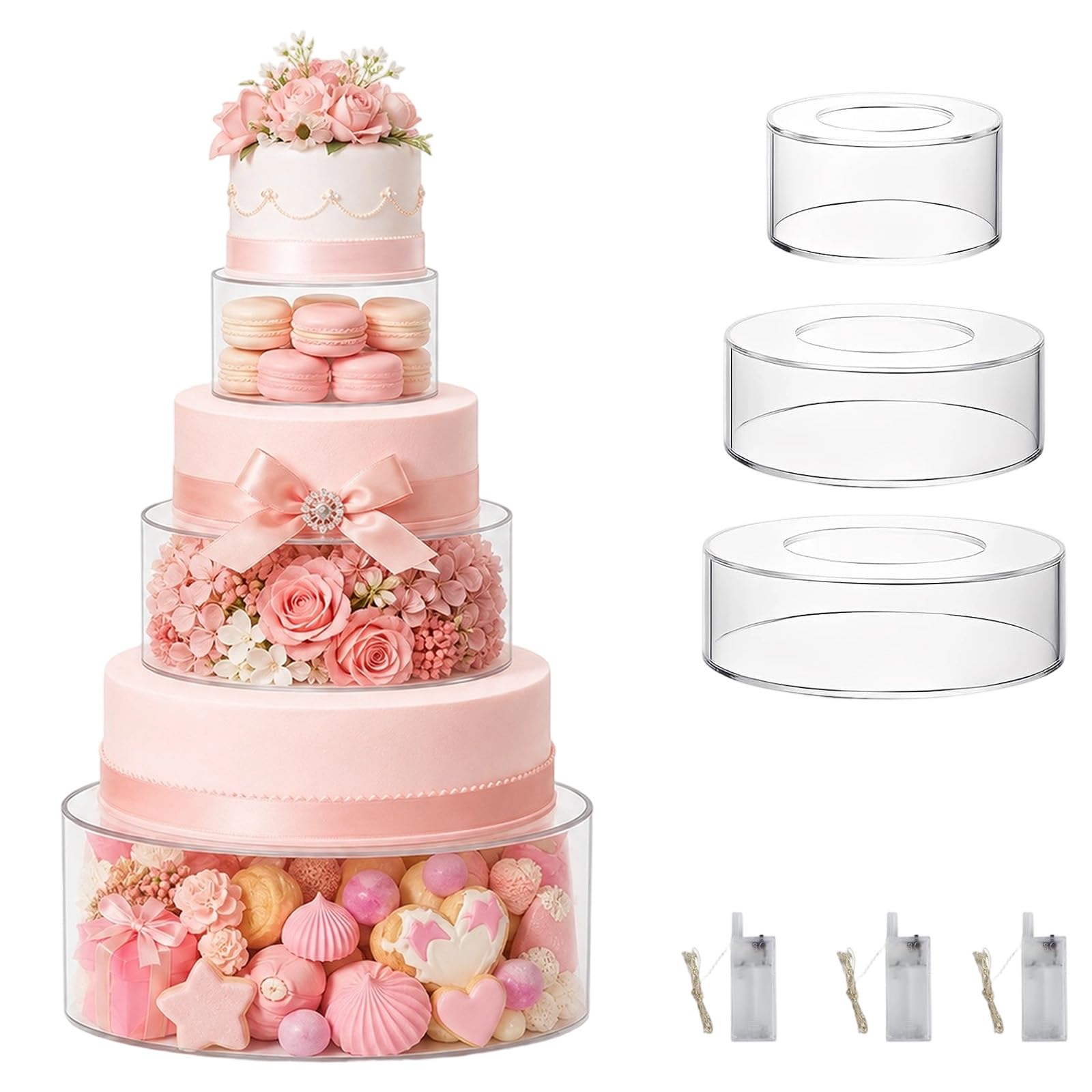 Soportes para tartas de varios niveles, de acrílico, con 2 LED, decoración para cumpleaños, bodas y fiestas (juego de 3 piezas)