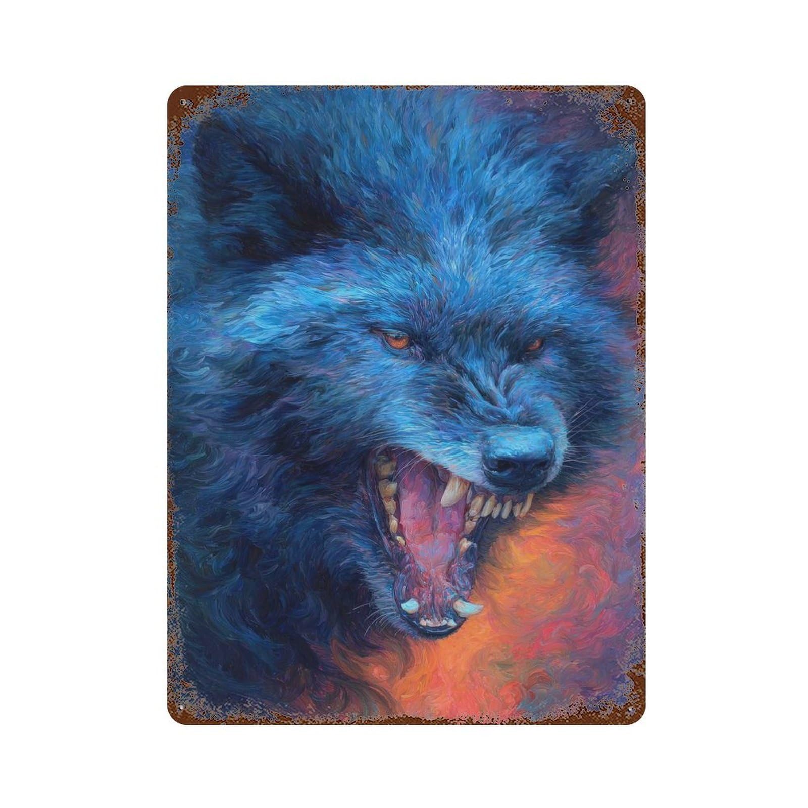 Garage Style Aggressive Wolf Painting Vintage Rust Metal Sign 15.7"x11.8", Retro Wall Decor for Bar And Workshop