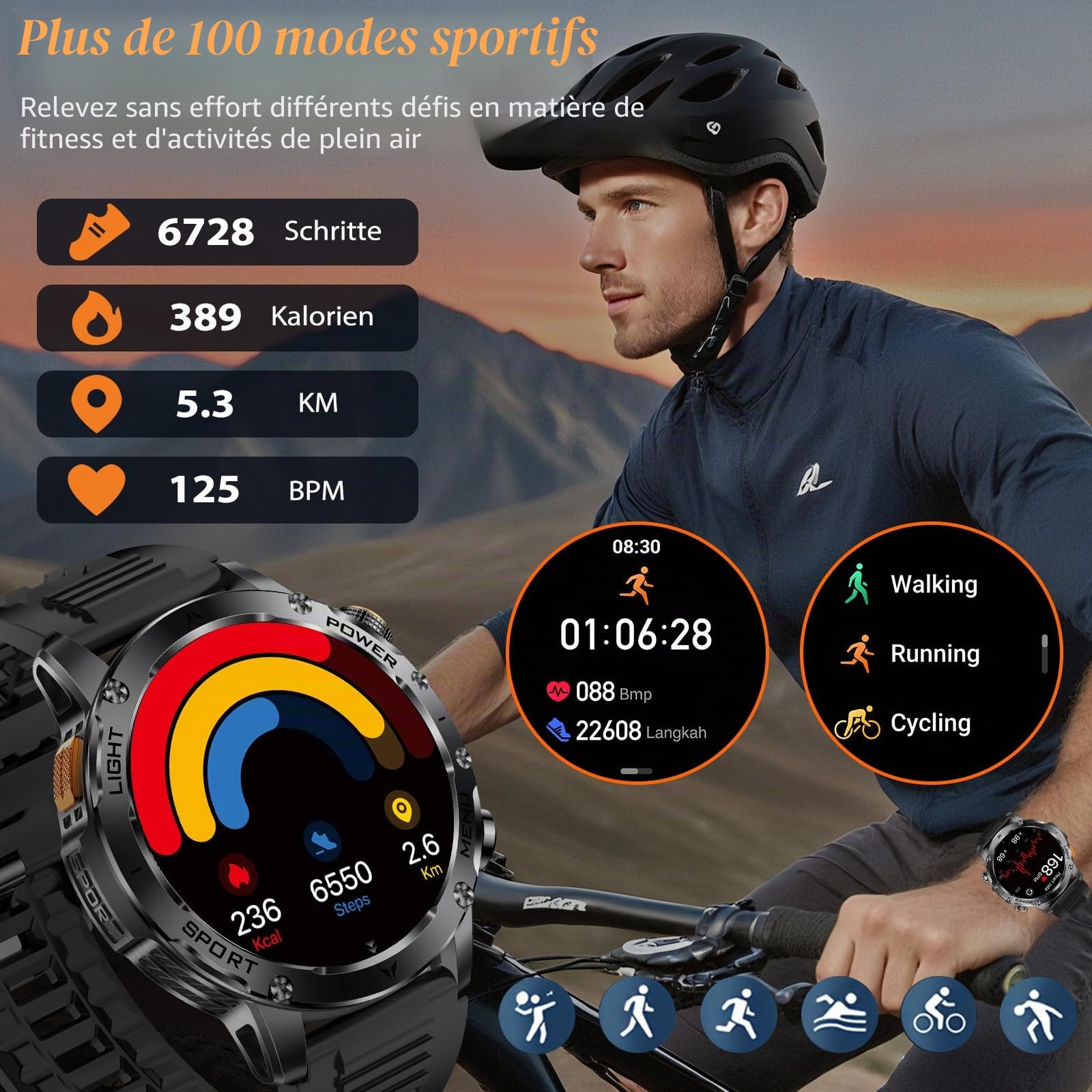 Montre Connectée Homme 1000mAh/LED Lampe, 1.7" HD Écran Smartwatch Homme avec Appel Bluetooth, Trackers D'activité 100+ Modes Sportifs, 24H Sommeil, IP68 Étanche, Podomètre Militaire Android iOS Noir